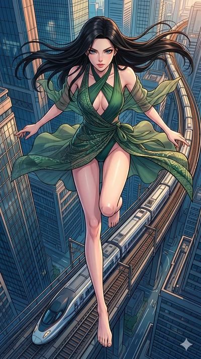 score_9, masterpiece, best quality, ultra-detailed, high-budget anime movie keyframe, cinematic anime lighting, intricate line art, Japanese anime girl. Extreme high angle shot as she leaps towards the camera, filling the frame. running along a movin