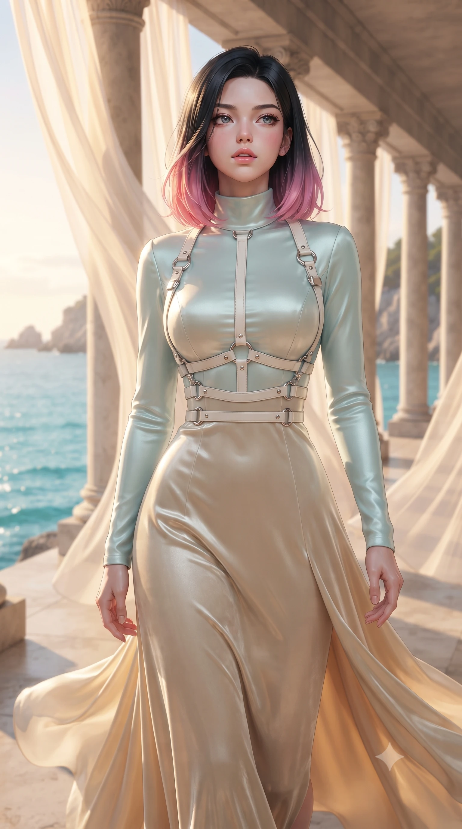 score_9, masterpiece, best quality, ultra-detailed, high-budget anime keyframe, editorial fashion photography, tasteful artistic composition, Korean woman. close-up cowboy shot from the waist and thighs up, the character dominates the composition, filling the frame with her large presence, background elements kept in soft focus. Tilting her chin up slightly with lips parted in a composed, magnetic expression, walking along a coastal colonnade as sea breezes whip her draped silk gown, soft sunlight filtering through translucent silk creating gentle skin glows. She has an exceptionally elegant, slender, and willowy female figure with an ultra-slim waist, a gracefully sculpted slender torso, and a refined silhouette. sharp v-shaped jawline, high-bridge nose, intricate jewel-like eyes with depth, thick eyelashes, glossy lips with a natural sheen. wearing floor-length high-neck champagne silk velvet gown with long sleeves in pale opal seafoam, made of polished ivory leather, highlighted by a platinum metallic harness structure, accentuating her gracefully sculpted slender torso. illuminated by warm golden sunlight filtering through translucent opal chiffon. highly saturated vibrant anime colors, detailed shading with soft gradients, rich glossy textures, high-contrast stereoscopic depth, volumetric dynamic lighting, master piece, 9:16 ratio