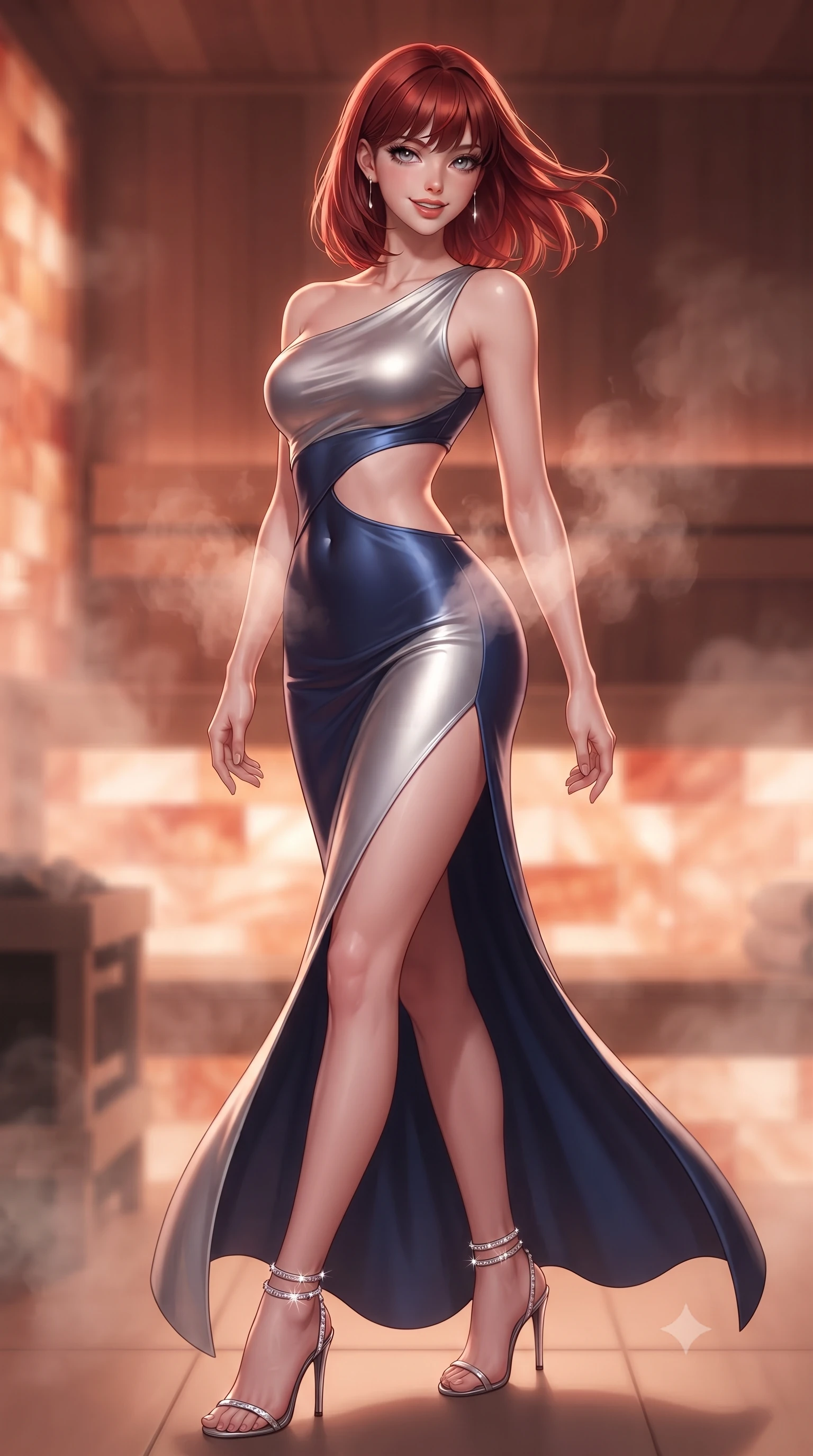 score_9, masterpiece, best quality, ultra-detailed, high-budget anime keyframe, editorial fashion photography, tasteful artistic composition, Caucasian woman. close-up cowboy shot from the waist and thighs up, the character dominates the composition, filling the frame with her large presence. turning slowly with an enchanting smoldering smile, her glossy hair tossing in the breeze as her hips angle gracefully in a captivating contrapposto while twisting her slender torso in an alluring S-curve, glowing amber-pink salt light and sauna steam tracing her flat midriff and curvy hips. The background shows a soft-focus sauna steam plumes softened in ultra-luxury maritime wellness shallow focus. She has an exceptionally elegant, slender, and willowy female figure with an ultra-slim waist, flat toned midriff, narrow ribcage, and sculpted feminine hips creating an alluring, slim hourglass silhouette without bulk. sharp v-shaped jawline, high-bridge nose, sparkling eyes with hypnotic seductive depth, thick curled eyelashes, glossy parted lips with a natural dewy peach sheen, alluring bedroom-eyes with an enchanting coquettish smile, exuding magnetic siren charisma and sophisticated glamour, flawlessly proportioned anatomical accuracy, strict slender model proportions, natural body alignment, perfectly sculpted long slender limbs, ultra-slim waistline, clean dynamic posture without body distortion. wearing an asymmetric one-shoulder liquid jersey gown with dramatic hip-high slit and sculptural waist cutout in molten liquid silver and deep sapphire navy, crafted from fluid liquid silk satin that clings smoothly to every curve with a dewy sheen, complemented by strappy stiletto sandals with crystal ankle wraps accentuating her slender calves, the high-slit wrap tailoring accentuating her ultra-slim waistline and the enchanting curve of her feminine hips with alluring seductive charm. bathed in warm therapeutic pink-and-amber glow radiating through translucent Himalayan salt blocks. ultra-reflective glossy finish, specular highlights, rich textural contrasts, high-contrast stereoscopic depth, volumetric dynamic lighting, 2k, ultra detail, master piece, 9:16 ratio