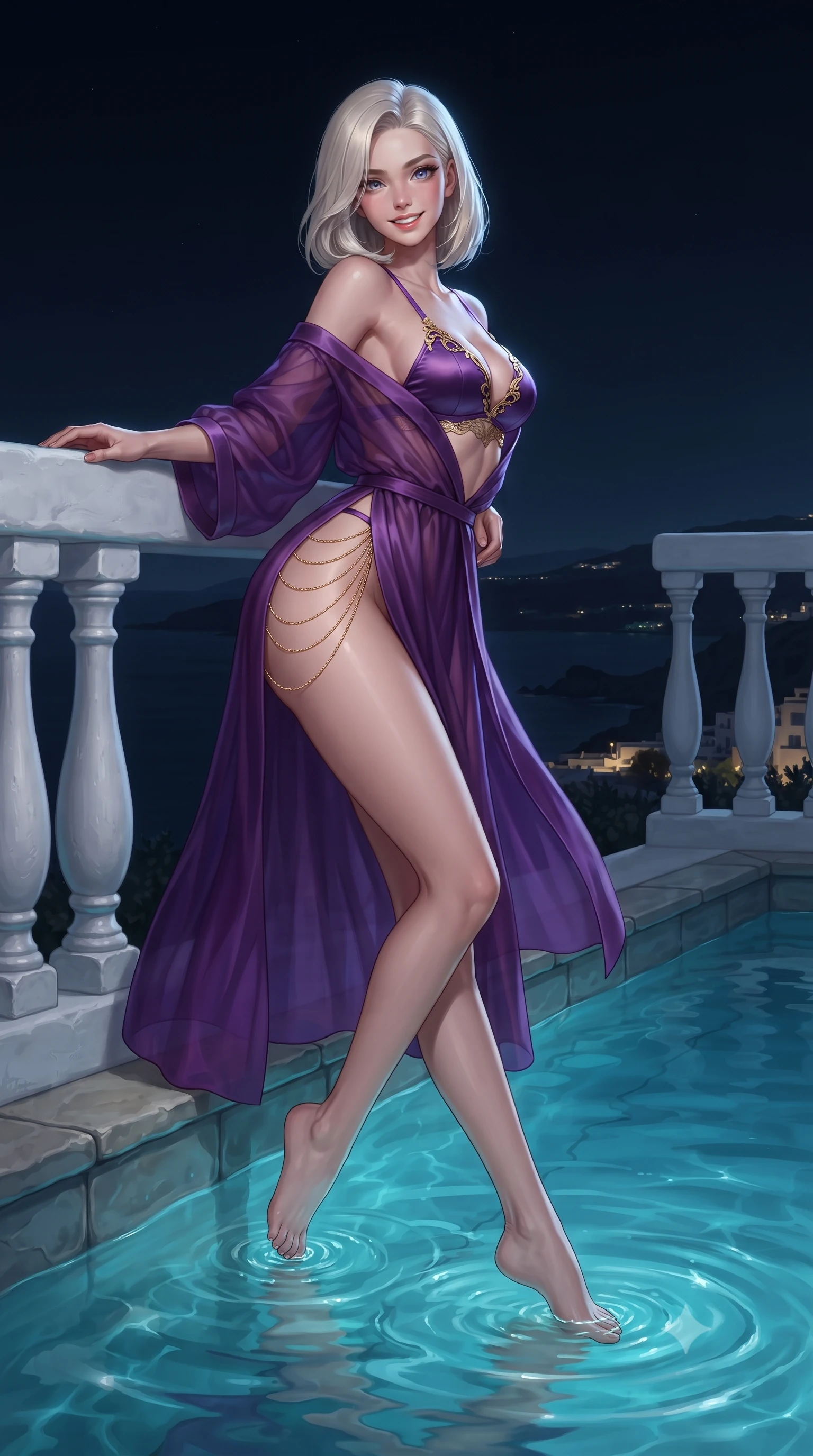 score_9, masterpiece, best quality, ultra-detailed, high-budget anime keyframe, editorial fashion photography, tasteful artistic composition, Caucasian woman. low angle full-body shot from head to toe showing her feet, filling the entire 9:16 vertical frame with her statuesque presence, stretching her vertical silhouette. leaning deep against the balcony balustrade with hips cocked back in an unapologetically alluring high-fashion stance, casting an intoxicating glance while lounging in the heated water propped on the infinity edge with legs extended, her statuesque 8.5-heads silhouette commanding the nocturnal island vista. The surrounding environment is rendered in vivid detail and crisp panoramic clarity: sharp hand-plastered whitewashed stucco texture, volcanic stone pool coping, and clear turquoise water ripples in deep focus. She has an exceptionally tall and slender model-like 8.5-heads proportion, an ultra-slim waist, a flat toned midriff, narrow delicate ribcage, and beautifully sculpted feminine hips creating a graceful, slim hourglass silhouette without any bulky heaviness, with impossibly long slender legs. sharp v-shaped jawline, high-bridge nose, intricate jewel-like sparkling eyes with depth, thick eyelashes, glossy parted lips with a natural peach sheen, bright cheerful beaming smile with an enchanting and coquettish sensual glint, exuding both youthful cute charm and seductive allure, flawlessly proportioned anatomical accuracy, strict slender model proportions, natural body alignment, perfectly sculpted long slender limbs, ultra-slim waistline, clean dynamic posture without body distortion. wearing a flowing gossamer silk organza boudoir peignoir slipping off one shoulder over a form-fitting satin bralette in rich royal amethyst purple and gilded filigree, made of fluid liquid jersey with seamless sculpting hold and smooth contours, accented with an open-back drape framed by falling strands of delicate gold chains, the high-slit wrap tailoring accentuating her ultra-slim waistline and the enchanting curve of her feminine hips with alluring seductive charm. illuminated by water surface reflection bounce and sharp platinum-cyan rim lights defining her jawline, flat midriff, and feminine hips. ultra-reflective glossy finish, specular highlights, rich textural contrasts, high-contrast stereoscopic depth, volumetric dynamic lighting, 2k, ultra detail, master piece, 9:16 ratio