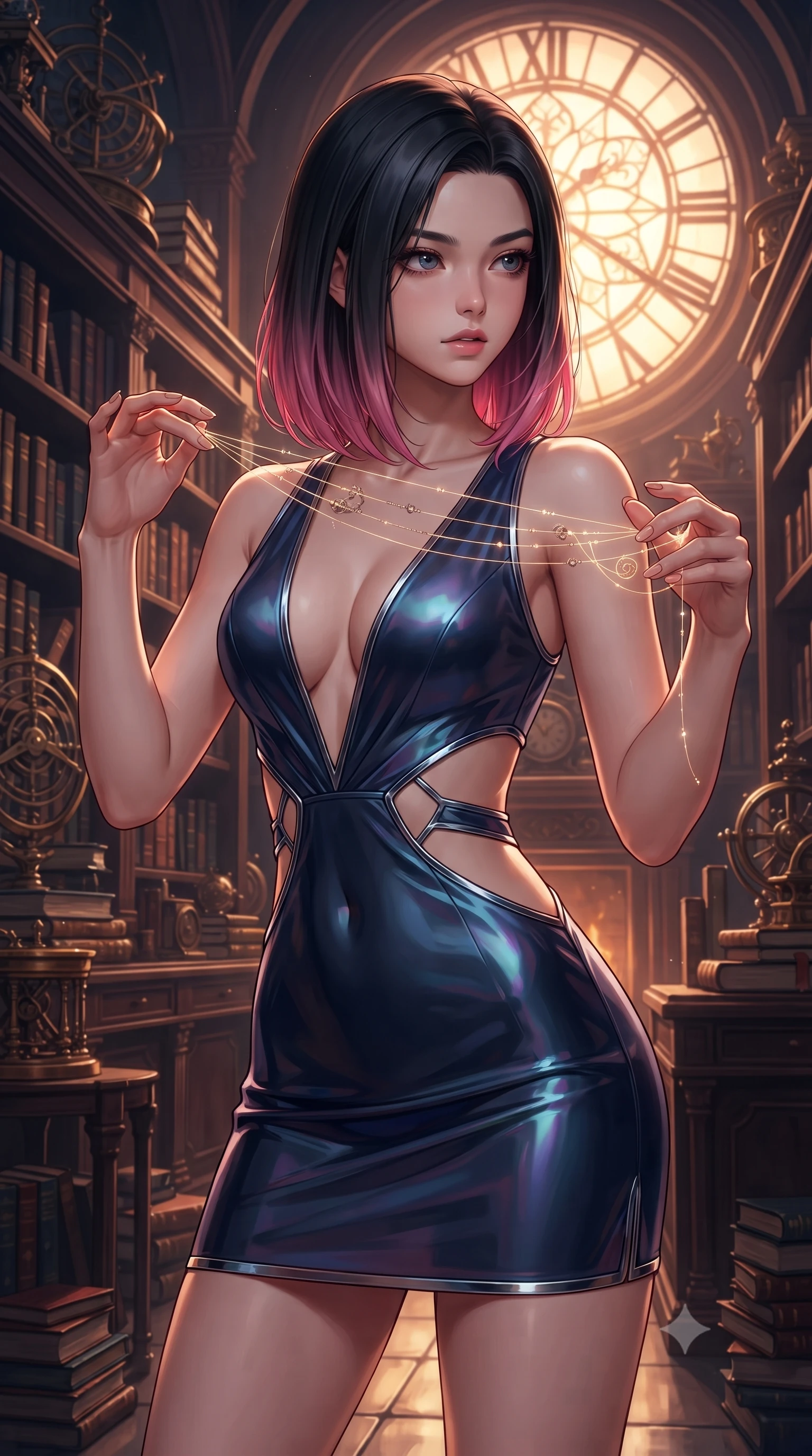 score_9, masterpiece, best quality, ultra-detailed, high-budget anime keyframe, editorial fashion photography, tasteful artistic composition, Korean woman. close-up cowboy shot from the waist and thighs up, the character dominates the composition, filling the frame with her large presence, background elements kept in soft focus. Gazing past the camera with an air of effortless elegance and mysterious confidence threading glowing clockwork spring wires inside a majestic archives hall, dramatic twilight amber light streaming through the giant clock window. She has an exceptionally elegant, slender, and willowy female figure with an ultra-slim waist, a gracefully sculpted slender torso, and a refined silhouette. sharp v-shaped jawline, high-bridge nose, intricate jewel-like eyes with depth, thick eyelashes, glossy lips with a natural sheen. wearing a liquid mercury gloss mini dress with ultra-deep V-neck and waist cutouts in midnight navy blue and chrome trim, crafted from iridescent chiffon that shifts colors in the light, featuring subtle geometric cutouts that highlight her ultra-slim midriff, the sleek second-skin texture accentuating her magnetic presence. surrounded by warm hearth light and dramatic bronze rim highlights. highly saturated vibrant anime colors, detailed shading with soft gradients, rich glossy textures, high-contrast stereoscopic depth, volumetric dynamic lighting, master piece, 9:16 ratio
