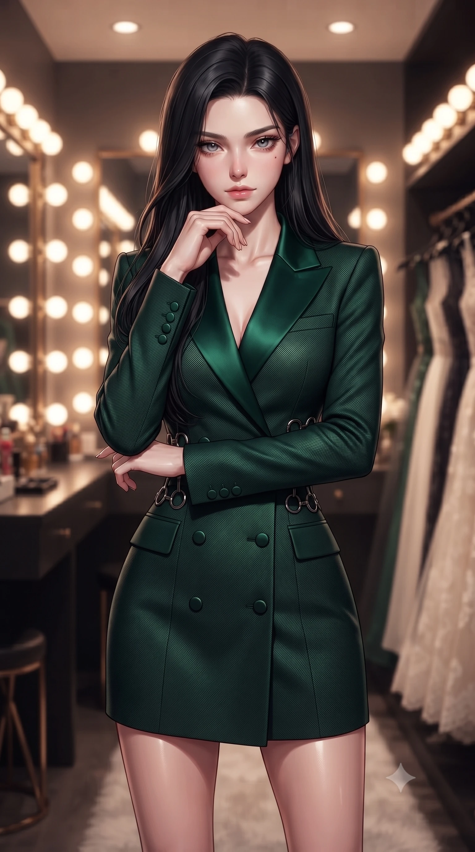 score_9, masterpiece, best quality, ultra-detailed, high-budget anime keyframe, editorial fashion photography, tasteful artistic composition, Korean woman. close-up cowboy shot from the waist and thighs up, the character dominates the composition, filling the frame with her large presence, background elements kept in soft focus. Resting her chin on the backs of her fingers with an air of effortless superiority, standing in a private VIP couture dressing room lined with warm vanity bulb mirrors, racks of high-fashion silk and lace gowns fading into soft background focus. She has an exceptionally elegant, slender, and willowy female figure with an ultra-slim waist, a gracefully sculpted slender torso, and a refined silhouette. sharp v-shaped jawline, high-bridge nose, intricate jewel-like eyes with depth, thick eyelashes, glossy lips with a natural sheen. wearing tailored double-breasted obsidian blazer dress with silk lapels in deep emerald green, made of fine dark contouring mesh, trimmed with dark chrome ring hardware along the waist contours, contouring every curve with an exceptionally elegant silhouette. illuminated by warm glowing vanity bulbs casting multi-directional rim lights. highly saturated vibrant anime colors, detailed shading with soft gradients, rich glossy textures, high-contrast stereoscopic depth, volumetric dynamic lighting, master piece, 9:16 ratio