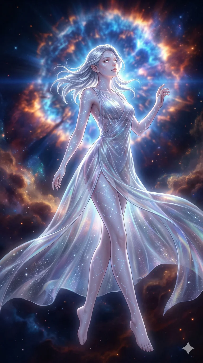 score_9, masterpiece, best quality, ultra-detailed, semi-realistic high-budget anime keyframe, an incredibly beautiful ethereal Caucasian woman with flawless pale skin (strictly human ears). Dynamic full-body shot stretching vertically. She is a star-child born from a supernova, her skin covered in constellations. She has an absolutely perfect 8-heads proportion, a towering female figure with long slender legs and a delicate skinny body. Her face is a masterpiece with silver flowing hair and glowing eyes. She is wearing a translucent plastic gown made of starlight, highlighting her alluring silhouette. Exploding star background and cosmic dust, dramatic rim lighting, radiant glowing skin, 2k, ultra detail, master piece, 9:16 ratio