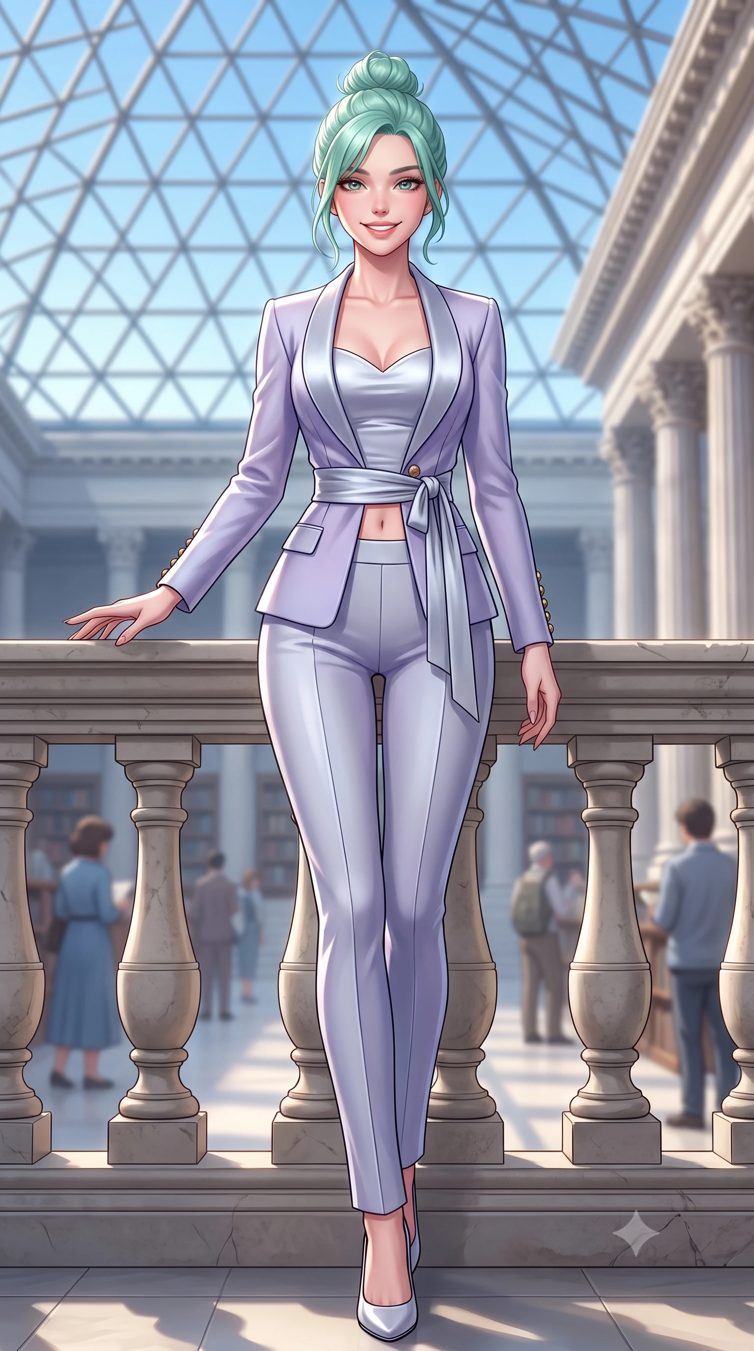score_9, masterpiece, best quality, ultra-detailed, high-budget anime keyframe, semi-realistic 3D game render, editorial fashion photography, tasteful artistic composition, Japanese woman. low angle full-body shot from head to toe showing her feet, filling the entire 9:16 vertical frame with her statuesque presence, stretching her vertical silhouette. stepping forward gracefully in mid-motion with a radiant beaming smile, hips swaying with supermodel rhythm as her vertical silhouette fills the frame while turning with a delightful beam toward the camera while resting one hand on the stone balustrade of the grand reading room. The background shows a soft-focus triangular glass roof lattice patterns against blue autumn sky, neoclassical colonnades, and museum visitors blurred into alabaster, sky blue, and dove grey bokeh. She has an exceptionally tall and slender model-like 8.5-heads proportion, an ultra-slim waist, a flat toned midriff, narrow delicate ribcage, and beautifully sculpted feminine hips creating a graceful, slim hourglass silhouette without any bulky heaviness, with impossibly long slender legs. sharp v-shaped jawline, high-bridge nose, intricate jewel-like sparkling eyes with depth, thick eyelashes, glossy parted lips with a natural peach sheen, bright cheerful beaming smile with an enchanting and coquettish sensual glint, exuding both youthful cute charm and seductive allure, flawlessly proportioned anatomical accuracy, strict slender model proportions, natural body alignment, perfectly sculpted long slender limbs, ultra-slim waistline, clean dynamic posture without body distortion. wearing a sleek Taisho-modern tailored smoking jacket with a cinched silk sash worn over a body-hugging satin bustier top and fitted slacks in frosted mountain lavender and shimmering ice silver, tailored from premium double-knit ponte with sleek sculpting hold and smooth contours, accented with delicate gold button studs trailing down the snug sleeve cuffs, the body-conscious tailored knit hugging her sculpted torso and curvaceous hips in a seamless, fluid line that highlights her statuesque model proportions. illuminated by pale stone reflection bounce and sharp platinum rim lights sculpting her jawline, narrow waist, and statuesque proportions. highly saturated vibrant anime colors, detailed shading with soft gradients, rich glossy textures, high-contrast stereoscopic depth, volumetric dynamic lighting, master piece, 9:16 ratio