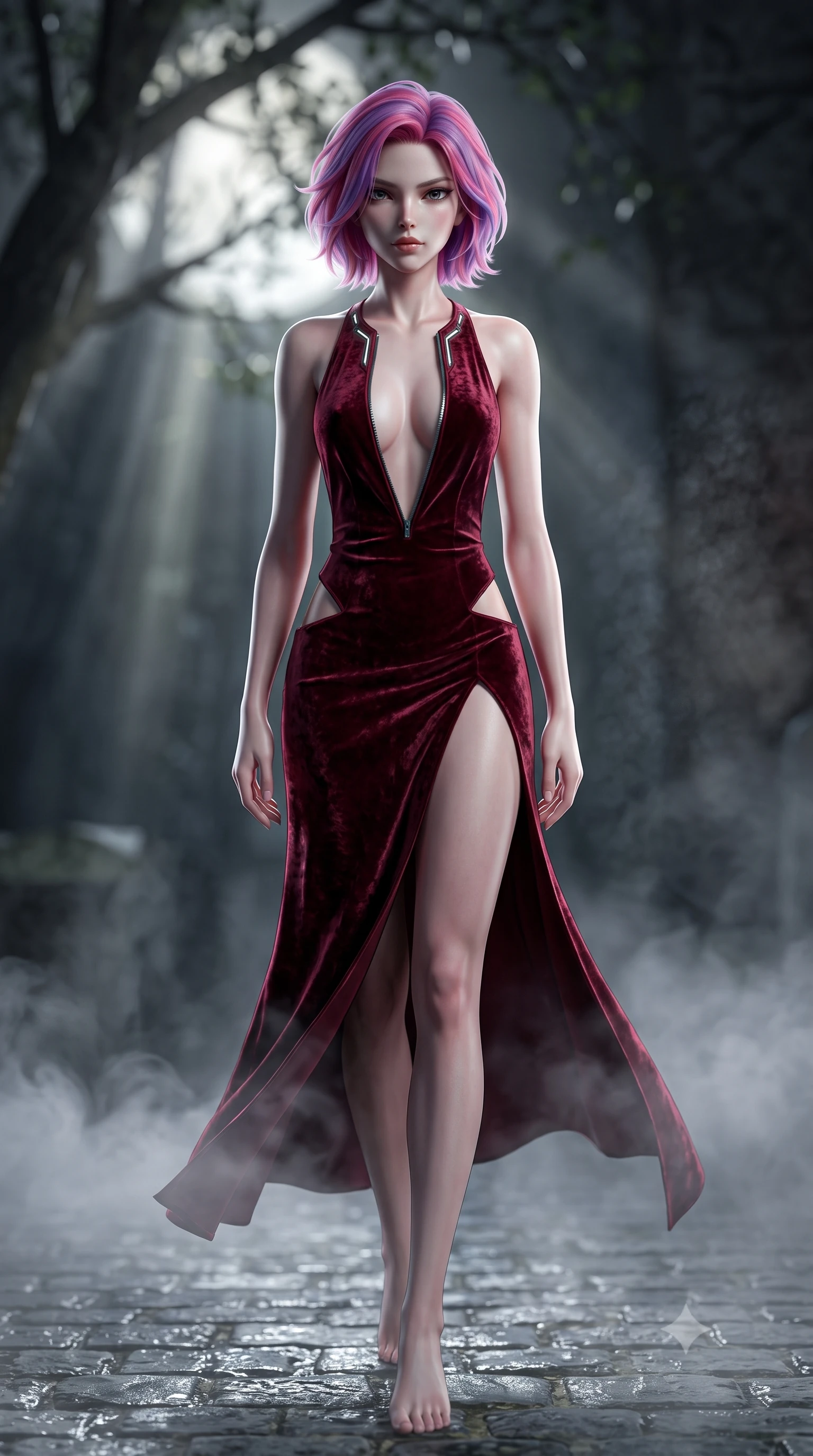 score_9, masterpiece, best quality, ultra-detailed, high-budget anime keyframe, semi-realistic 3D game render, editorial fashion photography, tasteful artistic composition, Caucasian woman. low angle full-body shot from head to toe showing her feet, filling the entire 9:16 vertical frame with her statuesque presence, stretching her vertical silhouette. performing an alluring mid-air vault with flawless poise, looking directly into the camera with smoldering, predatory intensity while stepping along a damp cobblestone crypt pathway as thick silver ground mist curls around her bare legs. The composition keeps background elements in soft focus with creamy bokeh. pale moonlight filtering through tree branches creating soft, luminous light streaks across a dark backdrop. She has an absolutely perfect, statuesque 8.5-heads proportion, an exceptionally tall and slender model-like female figure with impossibly long slender legs, a toned flat midriff, and an ultra-slim waist. sharp v-shaped jawline, high-bridge nose, intricate jewel-like eyes with depth, thick eyelashes, glossy lips with a natural sheen, flawlessly proportioned anatomical accuracy, strict slender model proportions, natural body alignment, perfectly sculpted long slender limbs, ultra-slim waistline, clean dynamic posture without body distortion. wearing a backless deep blood-crimson crushed velvet gown with a deep plunging V-neckline, strategic hip cutouts, and an ultra-high thigh slit in deep burgundy wine and specular dark chrome, made of rich crushed velvet that catches deep directional light with soft gradients, featuring a dangerously unzipped neckline framed by subtle glowing cybernetic accents, the liquid-tight tailored fabric emphasizing every curve of her tall, slender model proportions and sculptured silhouette during dynamic movement. illuminated by crisp pale key light with sharp specular highlights tracing her sculpted collarbones. rich saturated anime colors with deep moody shadows, detailed chiaroscuro shading with soft gradients, rich glossy textures, high-contrast stereoscopic depth, volumetric dynamic shadow lighting, master piece, 9:16 ratio