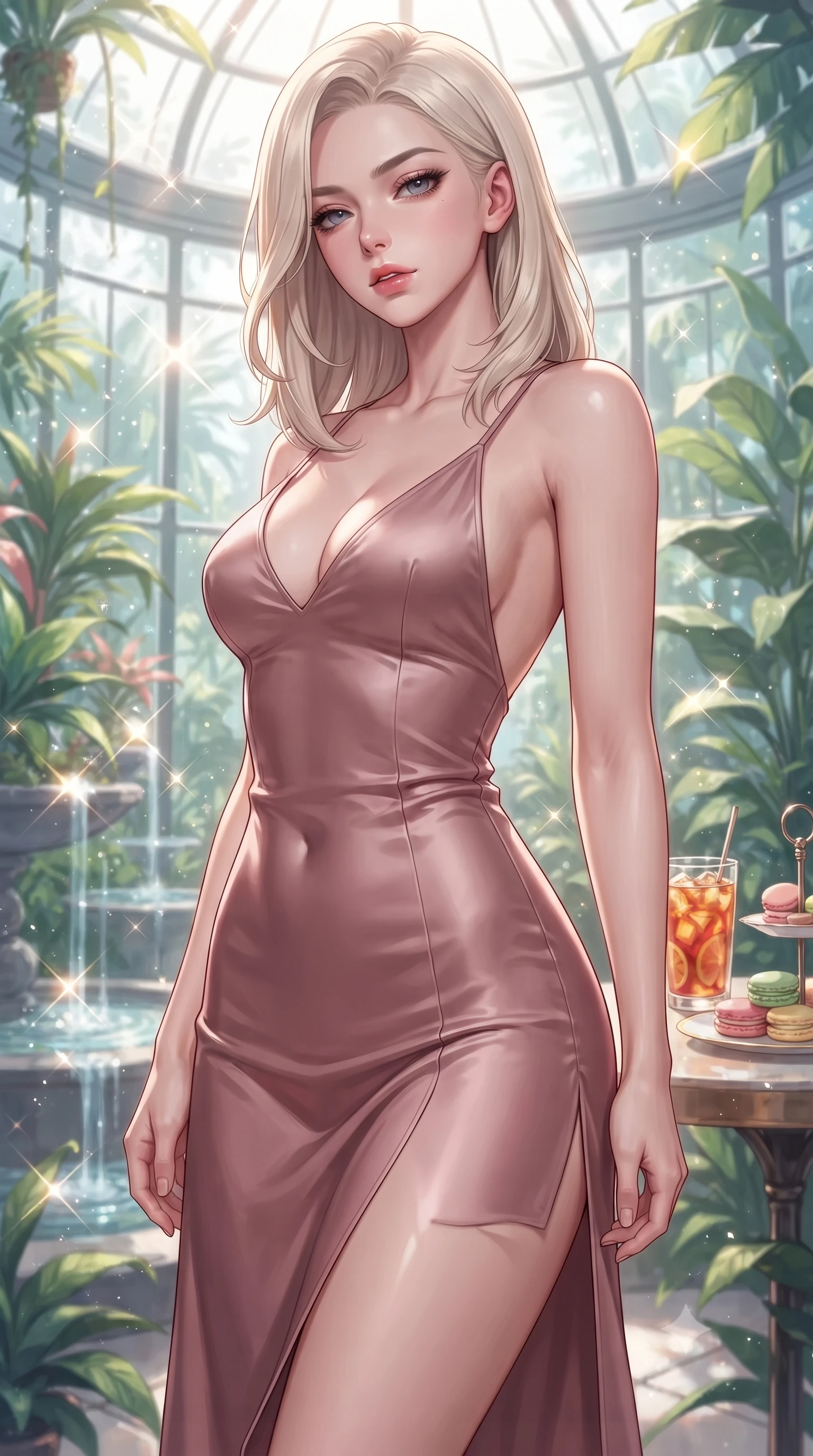 score_9, masterpiece, best quality, ultra-detailed, high-budget anime keyframe, editorial fashion photography, tasteful artistic composition, Caucasian woman. close-up cowboy shot from the waist and thighs up, the character dominates the composition, filling the frame with her large presence, background elements kept in soft focus. looking down at the viewer beneath lowered lashes with a quiet, smoldering confidence and parted lips set against a soft-focus background of inside an exclusive botanical greenhouse with a glass of iced fruit tea and delicate macaron pastries arranged on the table. She has an exceptionally elegant, slender, and willowy female figure with an ultra-slim waist, a gracefully sculpted slender torso, and a refined silhouette. sharp v-shaped jawline, high-bridge nose, intricate jewel-like eyes with depth, thick eyelashes, glossy lips with a natural sheen. wearing form-contouring dusty rose liquid satin open-back silk slip dress featuring a deep V-neckline and a leg-lengthening side slit featuring refined tailored seams. lit by crisp morning sun rays creating sparkling glints on polished glass and water. highly saturated vibrant anime colors, detailed shading with soft gradients, rich glossy textures, high-contrast stereoscopic depth, volumetric dynamic lighting, master piece, 9:16 ratio