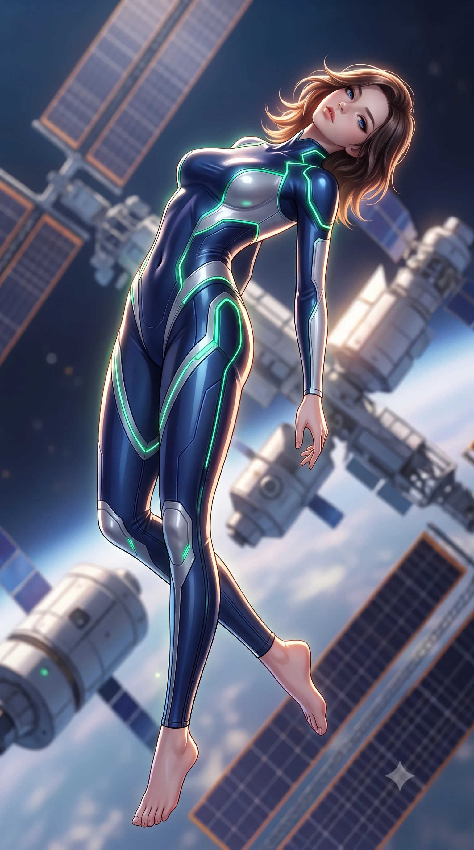 score_9, masterpiece, best quality, ultra-detailed, high-budget anime keyframe, semi-realistic 3D game render, editorial fashion photography, tasteful artistic composition, Korean woman. low angle full-body shot from head to toe showing her feet, filling the entire 9:16 vertical frame with her statuesque presence, stretching her vertical silhouette. arching her spine in a fluid zero-gravity turn with sovereign grace, her long slender legs and sculpted torso creating a sweeping line while arching her spine in a fluid zero-gravity turn as solar wind flares and cosmic rays trace her statuesque silhouette. The composition keeps background elements in soft focus with creamy bokeh. orbital solar array trusses and satellite modules softened in smooth cosmic atmospheric focus. She has an absolutely perfect, statuesque 8.5-heads proportion, an exceptionally tall and slender model-like female figure with impossibly long slender legs, a toned flat midriff, and an ultra-slim waist. sharp v-shaped jawline, high-bridge nose, intricate jewel-like eyes with depth, thick eyelashes, glossy lips with a natural sheen, flawlessly proportioned anatomical accuracy, strict slender model proportions, natural body alignment, perfectly sculpted long slender limbs, ultra-slim waistline, clean dynamic posture without body distortion. wearing a statuesque midnight cobalt and polished platinum bodysuit featuring sleek aerodynamic contour lines and glowing circuit accents in radiant emerald green circuit lines and polished silver sheen, tailored from semi-translucent cybernetic vinyl with glowing micro-filaments, accented with glowing fiber-optic seams tracing her collarbones and hip curves, the sleek second-skin cut tightly hugging her graceful clavicle, narrow waist, and feminine curves with athletic precision. illuminated by crisp gold specular highlights sharply defining her ultra-slim waist, long legs, and flat midriff. rich saturated anime colors with glowing neon highlights, detailed shading with soft gradients, rich glossy textures, high-contrast stereoscopic depth, volumetric dynamic lighting, master piece, 9:16 ratio