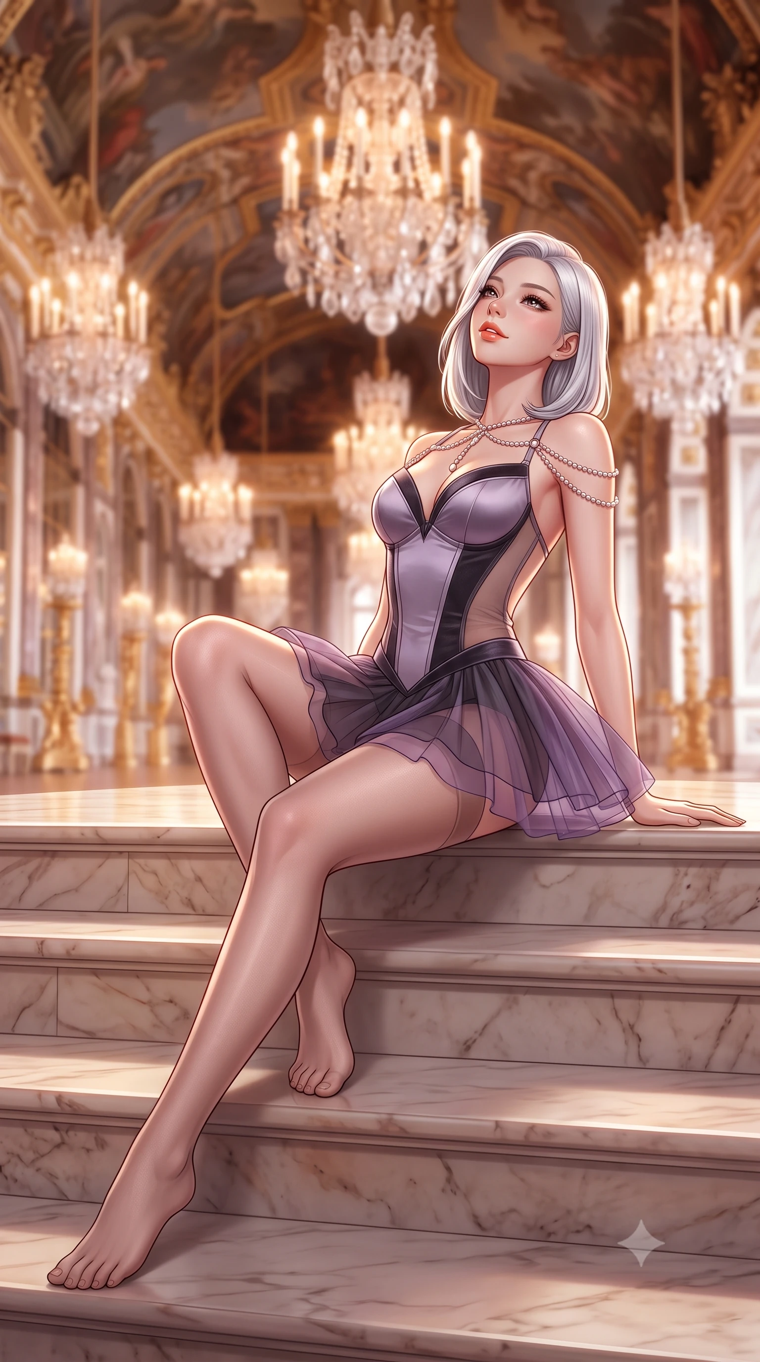 score_9, masterpiece, best quality, ultra-detailed, high-budget anime keyframe, semi-realistic 3D game render, editorial fashion photography, tasteful artistic composition, Korean woman. low angle full-body shot from head to toe showing her feet, filling the entire 9:16 vertical frame with her statuesque presence, stretching her vertical silhouette. sitting poised on the stone steps with one knee bent, arching her spine with supermodel elegance as she glances upward through thick eyelashes while lounging gracefully on the wide marble landing propped on one hand, her flat midriff and impossibly long slender legs commanding the palace vista. The background shows a soft-focus colossal multi-tiered crystal chandeliers, gilded baroque ceiling murals, and marble balustrades blurred into champagne, amber, and rose-gold bokeh. She has an absolutely perfect, statuesque 8.5-heads proportion, an exceptionally tall and slender model-like female figure with impossibly long slender legs, an ultra-slim waist, a flat toned midriff, narrow delicate ribcage, and beautifully sculpted feminine hips creating a graceful, slim hourglass silhouette without any bulky heaviness. sharp v-shaped jawline, high-bridge nose, sparkling eyes with hypnotic seductive depth, thick curled eyelashes, glossy parted lips with a natural dewy peach sheen, alluring bedroom-eyes with an enchanting coquettish smile, exuding magnetic siren charisma and sophisticated glamour, flawlessly proportioned anatomical accuracy, strict slender model proportions, natural body alignment, perfectly sculpted long slender limbs, ultra-slim waistline, clean dynamic posture without body distortion. wearing a plunging sweetheart-neckline boned satin ballet bustier paired with an ultra-short sheer tulle micro-tutu and silk stockings in dusky lavender mist and dark charcoal velvet, made of sheer gossamer chiffon that drapes softly against skin with airy translucence, accented with a pearl-drop body harness subtly framing her dewy collarbones and spine, the precision-cut side openings and low-back scoop framing her graceful spine and the sensual sweep of her slim, toned hips. illuminated by polished marble bounce and sharp warm-gold rim lights sculpting her razor-sharp jawline, narrow waist, and curvy hips. highly saturated vibrant anime colors, detailed shading with soft gradients, rich glossy textures, high-contrast stereoscopic depth, volumetric dynamic lighting, master piece, 9:16 ratio