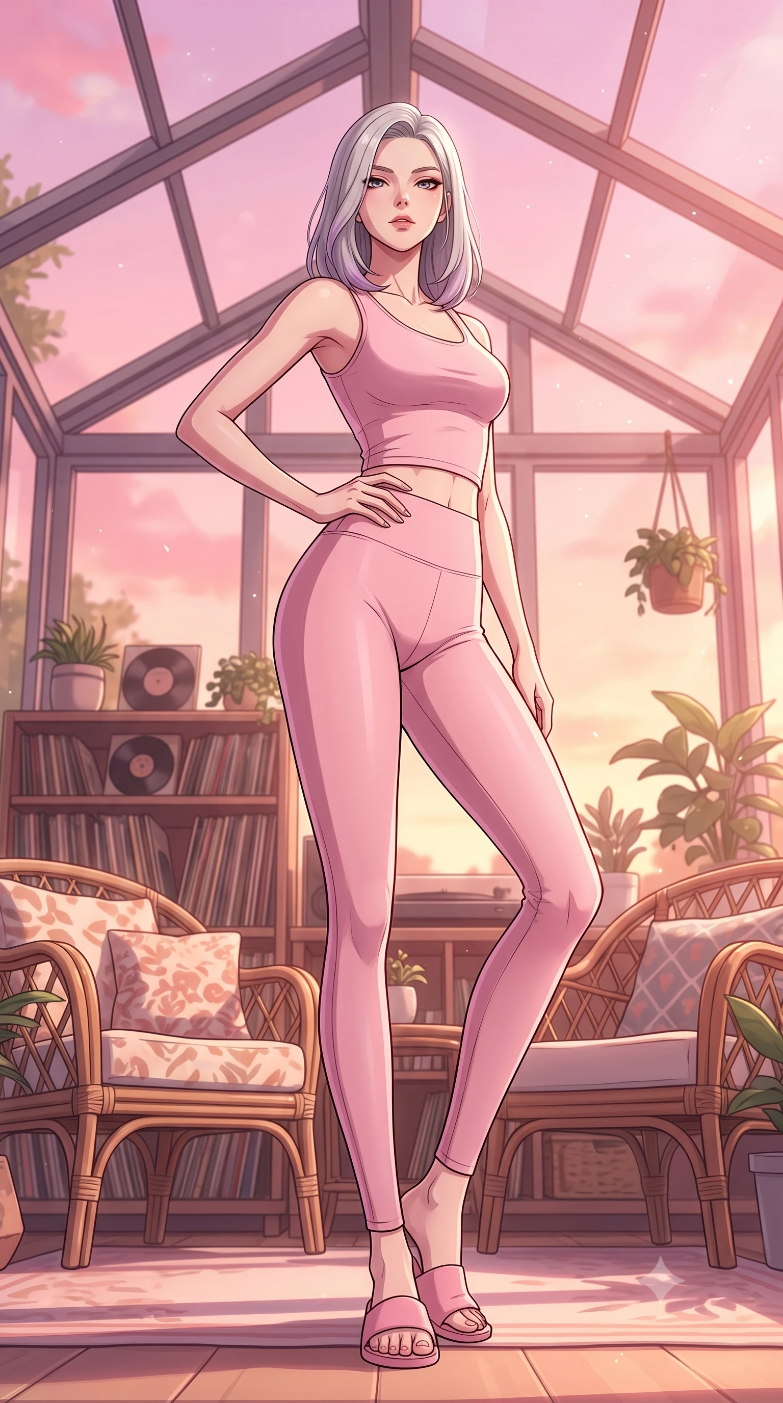score_9, masterpiece, best quality, ultra-detailed, high-budget anime keyframe, tasteful artistic composition, Caucasian woman. low angle full-body shot from head to toe showing her feet, filling the entire 9:16 vertical frame with her statuesque presence, stretching her vertical silhouette. posing confidently with one hand on her hip, stretching her statuesque body to emphasize her curves the background shows a soft-focus a glass-walled sunroom filled with vintage records and comfortable rattan chairs. She has an absolutely perfect, statuesque 8.5-heads proportion, an exceptionally tall and slender model-like female figure with impossibly long slender legs and an ultra-slim waist. sharp v-shaped jawline, high-bridge nose, intricate jewel-like eyes with depth, thick eyelashes, glossy lips with a natural sheen. wearing a slim-fit body-hugging light pink crop tank top paired with high-waisted tight-fitting leggings. soft pink and amber sunset glow painting the room in a romantic wash. highly saturated vibrant anime colors, cel-shading, 2d style, master piece, 9:16 ratio