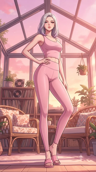score_9, masterpiece, best quality, ultra-detailed, high-budget anime keyframe, tasteful artistic composition, Caucasian woman. low angle full-body shot from head to toe showing her feet, filling the entire 9:16 vertical frame with her statuesque pre