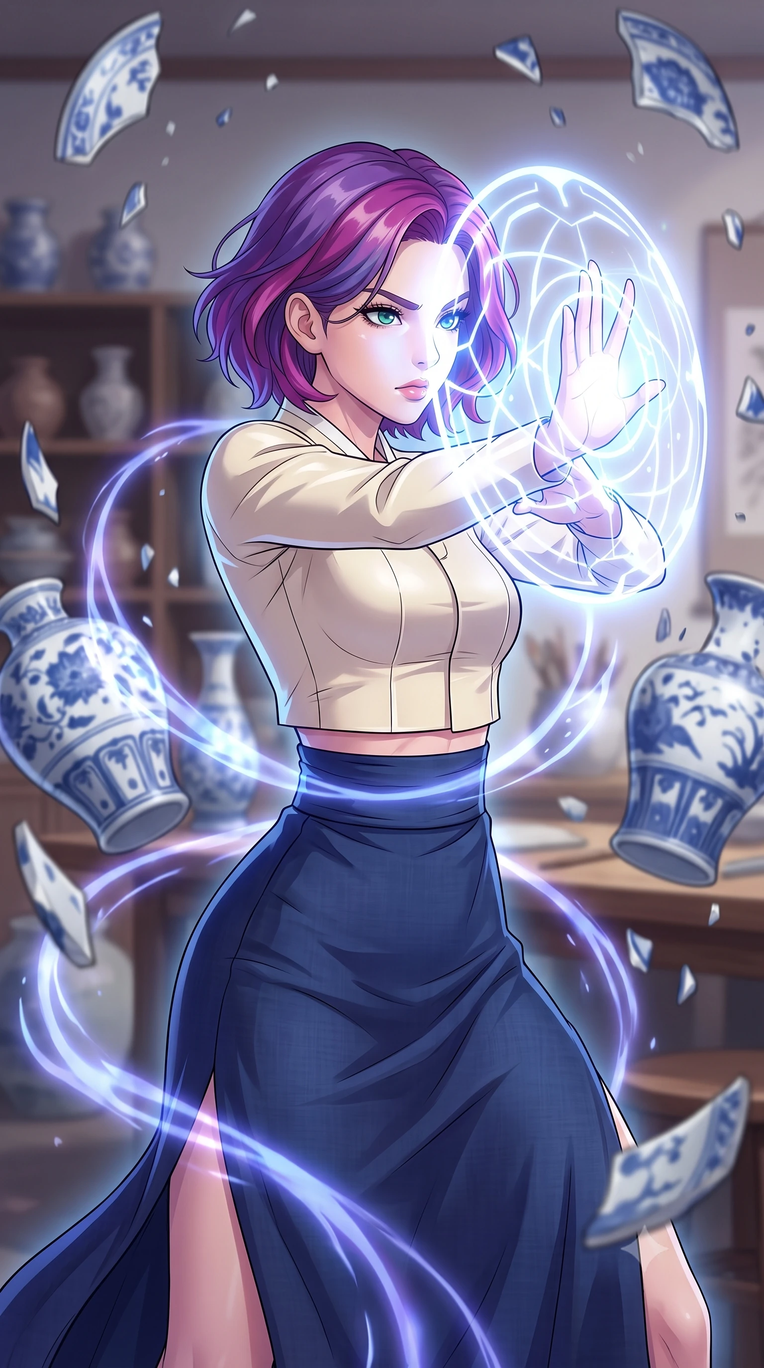 score_9, masterpiece, best quality, ultra-detailed, high-budget anime keyframe, clean line-art, cel-shading, Caucasian woman, strictly human ears. close-up cowboy shot from the waist and thighs up, the character dominates the composition, filling the frame with her large presence, background elements kept in soft focus. Casting a protective shield, her face illuminated by the bright barrier glow. set against a soft-focus background of an artist's studio filled with spinning blue-and-white porcelain vases that are shattering in slow motion. She has an exceptionally elegant and slender, willowy female figure with an ultra-slim waist, a gracefully sculpted slender torso, and a refined slim physique. sharp v-shaped jawline, high-bridge nose, intricate jewel-like eyes with depth, thick eyelashes, glossy lips with a natural sheen. wearing tailored for maximum mobility, sleek form-contouring panels that allow fluid movement, a tailored modern fusion Hanbok featuring a cream silk cropped jeogori over a flowing navy blue linen wrapped skirt. cool ethereal blue-violet bioluminescent glow wrapping around her from all sides. highly saturated vibrant anime colors, intense vivid color palette, volumetric dynamic lighting, 2k, ultra detail, master piece, 9:16 ratio