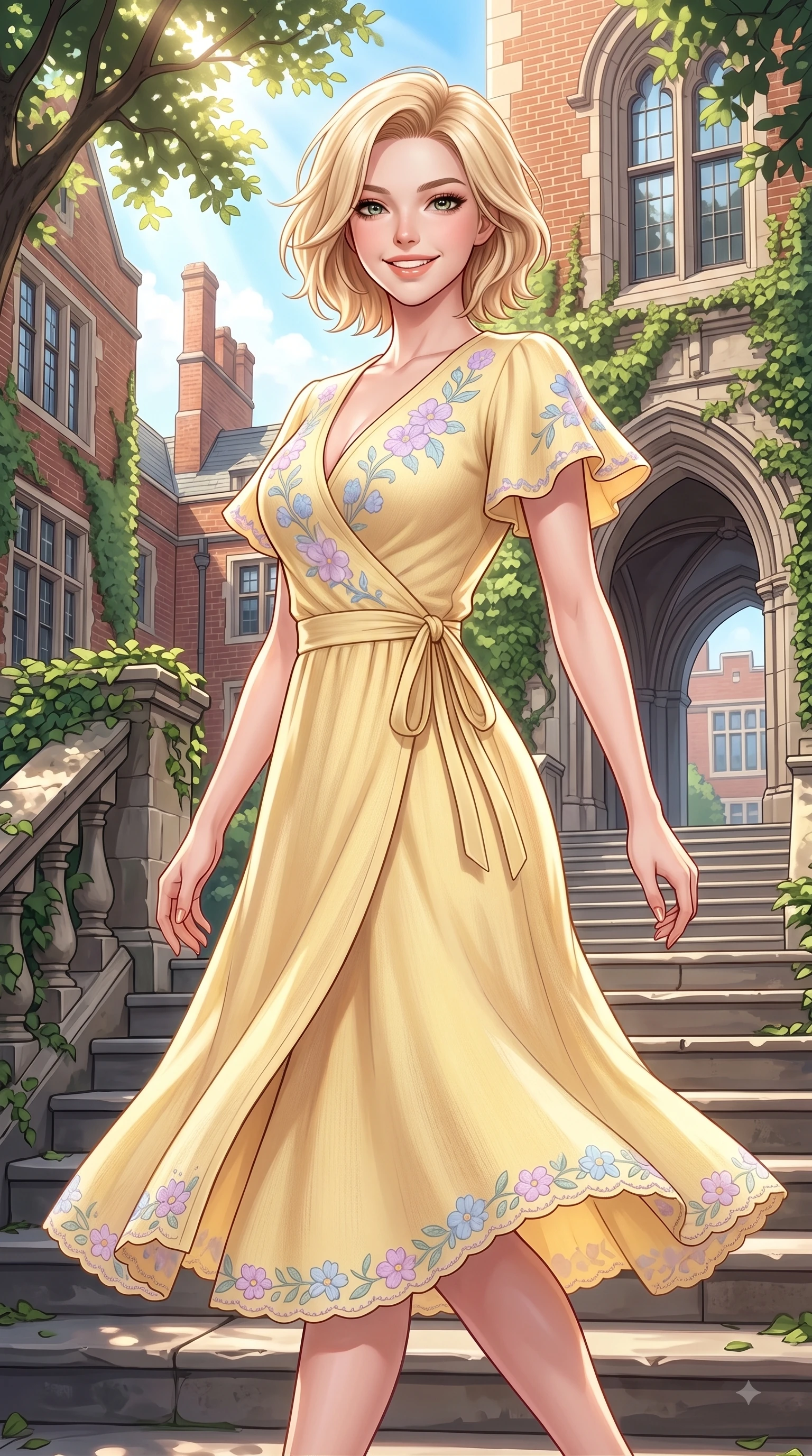 score_9, masterpiece, best quality, ultra-detailed, high-budget anime keyframe, editorial fashion photography, tasteful artistic composition, Caucasian woman. close-up cowboy shot from the waist and thighs up, the character dominates the composition, filling the frame with her large presence. Gazing directly into the camera with a fresh, infectious smile as her torso curves dynamically in mid-stride while pivoting dynamically on the stone steps of an ivy-draped academic hall with a radiant girlhood smile. The surrounding environment is rendered in vivid detail and crisp panoramic clarity. classic red-brick campus architecture, ivy-covered stone walls, and grand archways in crisp detail. She has an exceptionally elegant, slender, and willowy female figure with an ultra-slim waist, a gracefully sculpted slender torso, and a refined silhouette. sharp v-shaped jawline, high-bridge nose, intricate jewel-like eyes with depth, thick eyelashes, glossy lips with a natural sheen, flawlessly proportioned anatomical accuracy, natural body alignment, perfectly sculpted elegant limbs, clean dynamic posture without body distortion. wearing an elegant butter-yellow wrap midi dress with subtle floral embroidery and flutter sleeves in soft pastel lavender and sky blue, knitted from soft cozy cashmere yarn, complemented by delicate embroidered floral trim along the hem, the chic real-way fashion cut emphasizing her effortless charm. bathed in brilliant sunny morning light filtering through tree canopies. highly saturated vibrant anime colors, detailed shading with soft gradients, rich glossy textures, high-contrast stereoscopic depth, volumetric dynamic lighting, master piece, 9:16 ratio