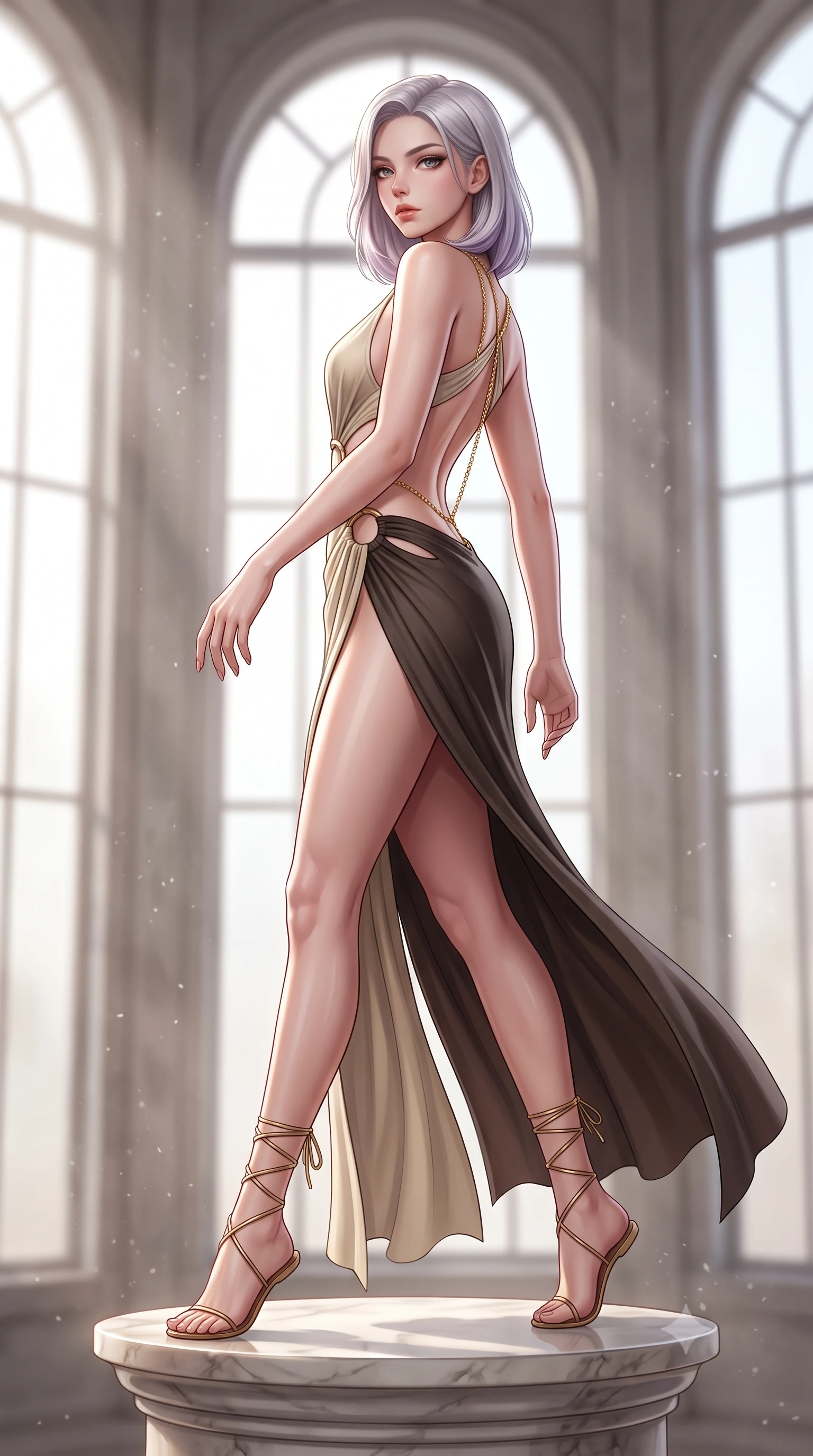 score_9, masterpiece, best quality, ultra-detailed, high-budget anime keyframe, semi-realistic 3D game render, editorial fashion photography, tasteful artistic composition, Caucasian woman. low angle full-body shot from head to toe showing her feet, filling the entire 9:16 vertical frame with her statuesque presence, stretching her vertical silhouette. striding forward in a proud supermodel runway stride, hips swaying in an alluring kinetic rhythm that accentuates her curvy hourglass silhouette while perching on a classical marble pedestal with back arched like a Renaissance sculpture, hips tilted in a dramatic contrapposto pose. The composition keeps background elements in soft focus with creamy bokeh. soaring arched studio windows and drifting marble dust softened in classical artistic shallow focus. She has an absolutely perfect, statuesque 8.5-heads proportion, an exceptionally tall and slender model-like female figure with impossibly long slender legs, a toned flat midriff, an ultra-slim waist, and beautifully sculpted feminine hips. sharp v-shaped jawline, high-bridge nose, intricate jewel-like eyes with depth, thick eyelashes, glossy parted lips with a natural sheen, intensely captivating and seductive bedroom-eyes expression, flawlessly proportioned anatomical accuracy, strict slender model proportions, natural body alignment, perfectly sculpted long slender limbs, ultra-slim waistline, clean dynamic posture without body distortion. wearing a classical draped chiton evening dress with an open waist ring cutout and breezy side slit in antique parchment beige and dark espresso, made of seamless compression knit with anatomical body-contouring support, accented with a glittering gold back chain tracing her bare spine down to her hip line, the second-skin form-contouring cut accentuating her sculpted flat midriff, narrow waistline, and dramatically curvy hips without adding bulk. bathed in dramatic natural north skylight streaming through cathedral windows. highly saturated vibrant anime colors, detailed shading with soft gradients, rich glossy textures, high-contrast stereoscopic depth, volumetric dynamic lighting, master piece, 9:16 ratio