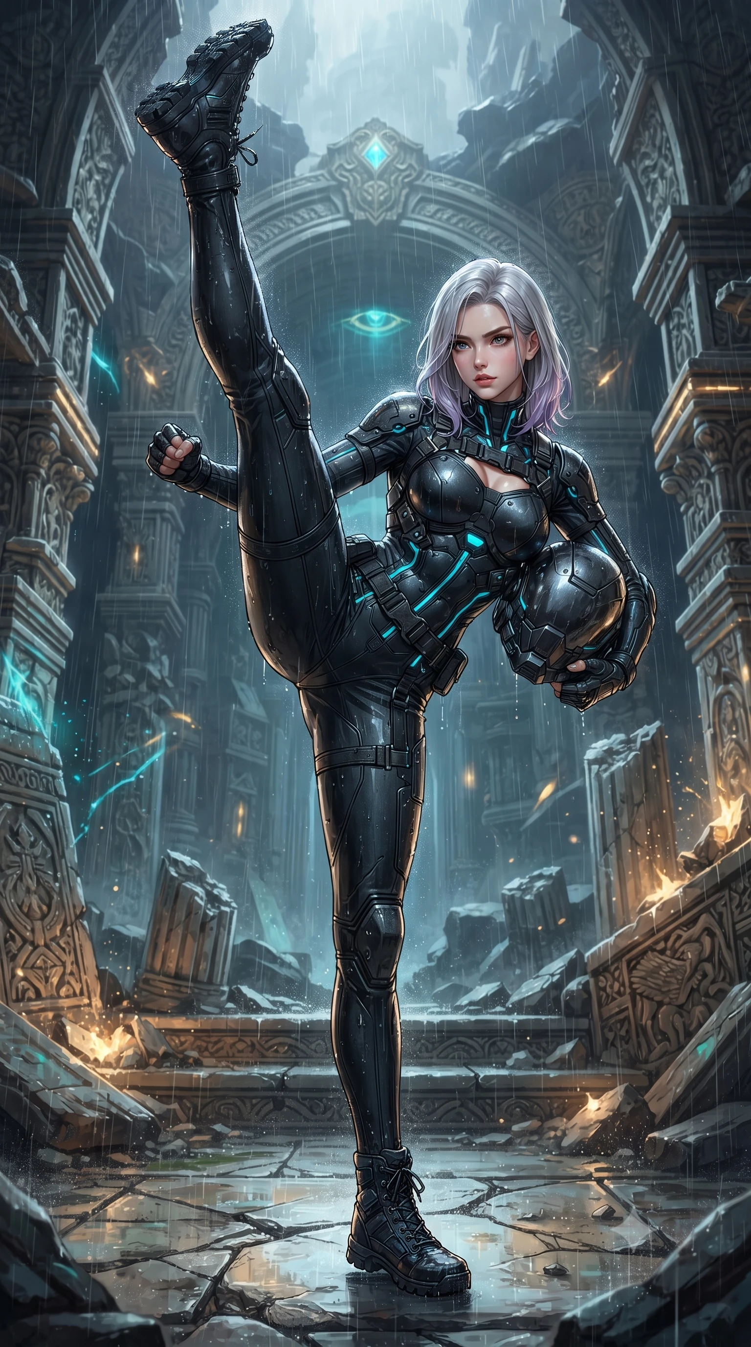 score_9, masterpiece, best quality, ultra-detailed, high-budget anime keyframe, editorial fashion photography, tasteful artistic composition, Caucasian woman. low angle full-body shot from head to toe showing her feet, filling the entire 9:16 vertical frame with her statuesque presence, stretching her vertical silhouette. executing a breathtaking zero-gravity high-kick with full 180-degree vertical extension, her impossibly long slender legs dominating the frame with razor-sharp poise while landing in a low defensive crouch on the cracked marble altar with fists clenched in unwavering resolve. The surrounding environment is rendered in vivid detail and crisp panoramic clarity. transcendent chiaroscuro contrast between sacred ruin architecture and glowing combat energy in precision. She has an absolutely perfect, statuesque 8.5-heads proportion, an exceptionally tall and slender model-like female figure with impossibly long slender legs, a toned flat midriff, and an ultra-slim waist. sharp v-shaped jawline, high-bridge nose, intricate jewel-like eyes with depth, thick eyelashes, glossy lips with a natural sheen, fierce and resolute heroine expression, flawlessly proportioned anatomical accuracy, strict slender model proportions, natural body alignment, perfectly sculpted long slender limbs, ultra-slim waistline, clean dynamic posture without body distortion. holding a modular carbon battle-helmet under one arm, her flawless face and sculpted neck exposed to the rain with determined warrior focus, paired with a tailored tactical combat jumpsuit with an open-back harness design, reinforced composite breastplate, and high-mobility elbow dampers in matte battle-worn obsidian carbon with electric cyan hazard conduits, formed from high-gloss patent carbon-plating with specular dystopian chiaroscuro reflections, reinforced by a heavy-duty titanium tactical harness and glowing micro-energy status straps, the liquid-tight tailored fabric emphasizing every curve of her tall, slender model proportions and sculptured silhouette during dynamic movement. illuminated by crisp directional key light defining her razor-sharp jawline, eyes, and ultra-slim waist. ultra-reflective glossy finish, specular highlights, dark metallic sheen, high-contrast stereoscopic depth, volumetric dynamic lighting, 2k, ultra detail, master piece, 9:16 ratio