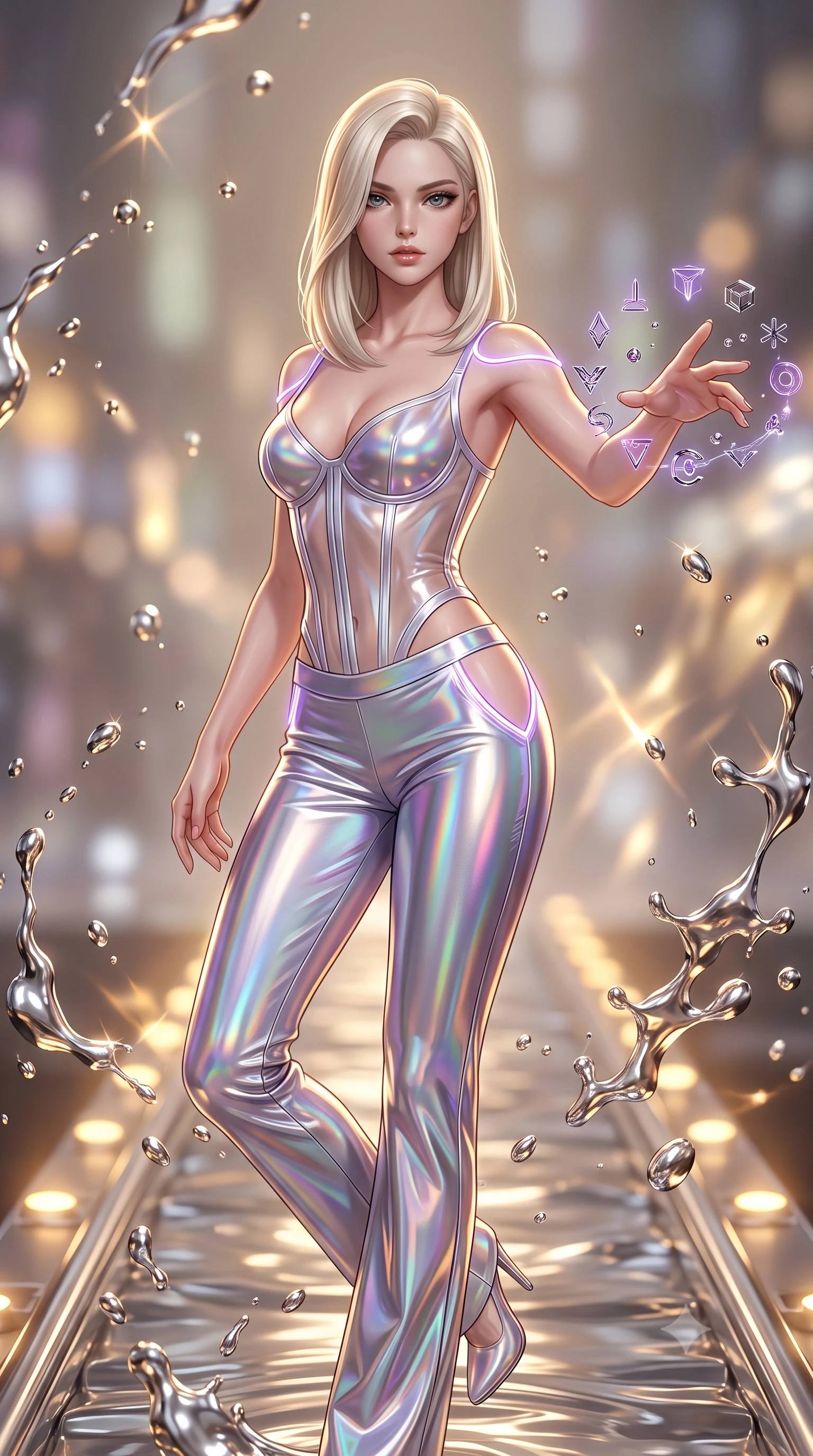score_9, masterpiece, best quality, ultra-detailed, high-budget anime keyframe, semi-realistic 3D game render, editorial fashion photography, tasteful artistic composition, Caucasian woman. close-up cowboy shot from the waist and thighs up, the character dominates the composition, filling the frame with her large presence. extending one arm gracefully as floating holographic glyphs and nano-crystals orbit her fingertips with sovereign power while pivoting dynamically on a submerged chrome walkway as liquid mercury droplets splash like molten chrome beads in mid-air. The composition keeps background elements in soft focus with creamy bokeh. molten metal splashes and light caustics scattering radiant glints across a soft-focus background. She has an exceptionally elegant, slender, and willowy female figure with an ultra-slim waist, a gracefully sculpted slender torso, toned flat midriff, and a refined slim silhouette. sharp v-shaped jawline, high-bridge nose, intricate jewel-like eyes with depth, thick eyelashes, glossy lips with a natural sheen, flawlessly proportioned anatomical accuracy, strict slender model proportions, natural body alignment, perfectly sculpted long slender limbs, ultra-slim waistline, clean dynamic posture without body distortion. wearing a structured translucent cyber-corset paired with tailored high-fashion satin trousers that sharply cinch her ultra-slim waist in iridescent holographic chrome with prism violet highlights, made of liquid jersey fabric that clings flawlessly to every contour of her build, accented with glowing fiber-optic seams tracing her collarbones and hip curves, the precision-cut daring openings accentuating her delicate midriff, graceful bare collarbones, and ultra-slim feminine waistline. bathed in warm golden circuit lotus uplights and glittering liquid mercury caustics. rich saturated anime colors with glowing neon highlights, detailed shading with soft gradients, rich glossy textures, high-contrast stereoscopic depth, volumetric dynamic lighting, master piece, 9:16 ratio