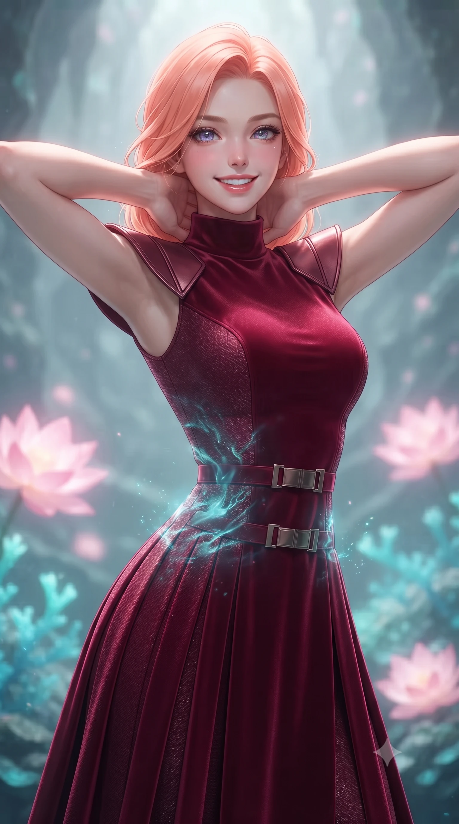 score_9, masterpiece, best quality, ultra-detailed, high-budget anime keyframe, editorial fashion photography, tasteful artistic composition, Japanese woman. close-up cowboy shot from the waist and thighs up, the character dominates the composition, filling the frame with her large presence. resting both hands lightly behind her neck with elbows raised, arching her spine to highlight her narrow waist, flat midriff, and breathtaking collarbones while twisting her slender torso in an alluring contrapposto stance, fluorescent turquoise water currents and pink lotus glows playing across her narrow waist and curvy hips. The background shows a soft-focus gentle rising mineral cavern mist softened in subterranean lotus sanctuary shallow focus. She has an exceptionally elegant, slender, and willowy female figure with an ultra-slim waist, flat toned midriff, narrow ribcage, and sculpted feminine hips creating an alluring, slim hourglass silhouette without bulk. sharp v-shaped jawline, high-bridge nose, intricate jewel-like sparkling eyes with depth, thick eyelashes, glossy parted lips with a natural peach sheen, bright cheerful beaming smile with an enchanting and coquettish sensual glint, exuding both youthful cute charm and seductive allure, flawlessly proportioned anatomical accuracy, strict slender model proportions, natural body alignment, perfectly sculpted long slender limbs, ultra-slim waistline, clean dynamic posture without body distortion. wearing an elegant high-neck silk georgette diplomatic gown with structured geometric shoulder plates and pleated A-line skirt in royal opera crimson velvet and burnished gold, tailored from high-density tech-wool with subtle metallic thread weave, finished with sleek magnetic buckle closures fluttering in the breeze, the bespoke structured tailoring following the natural line of her 8.5-heads silhouette with refined elegance. bathed in the ethereal natural fluorescence of living turquoise corals mixed with the soft pink radiance of glowing lotuses. ultra-reflective glossy finish, specular highlights, rich textural contrasts, high-contrast stereoscopic depth, volumetric dynamic lighting, 2k, ultra detail, master piece, 9:16 ratio