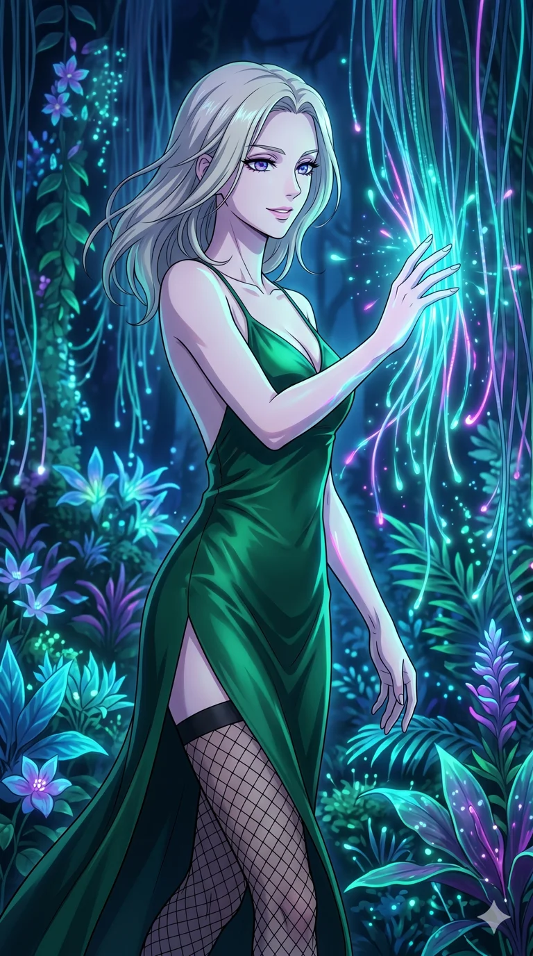 score_9, masterpiece, best quality, ultra-detailed, High-budget Anime Keyframe, vibrant colors, fluid line-art, expressive lighting, cinematic composition, Ufotable-style visual effects, top-tier animation quality, Caucasian woman with pale skin and refined features. Upper body close-up from the thighs up, character filling the screen for maximum presence. Walking through a forest of fiber-optic vines that react to her touch by glowing brighter. She has an absolutely perfect 8-heads proportion, an exceptionally tall and slender female figure with impossibly long slender legs and an ultra-slim waist, her statuesque height and towering silhouette dominating the vertical 9:16 frame. Her face is a masterpiece featuring a sharp v-shaped jawline, high-bridge nose, intricate jewel-like eyes with depth, thick eyelashes, and glossy lips with a natural sheen. She is wearing a Backless silk slip dress with a dangerously high side slit and sensual fishnet stockings.. The scene is set in a bioluminescent jungle where every leaf and flower glows with a unique frequency. 2k, ultra detail, master piece, 9:16 ratio