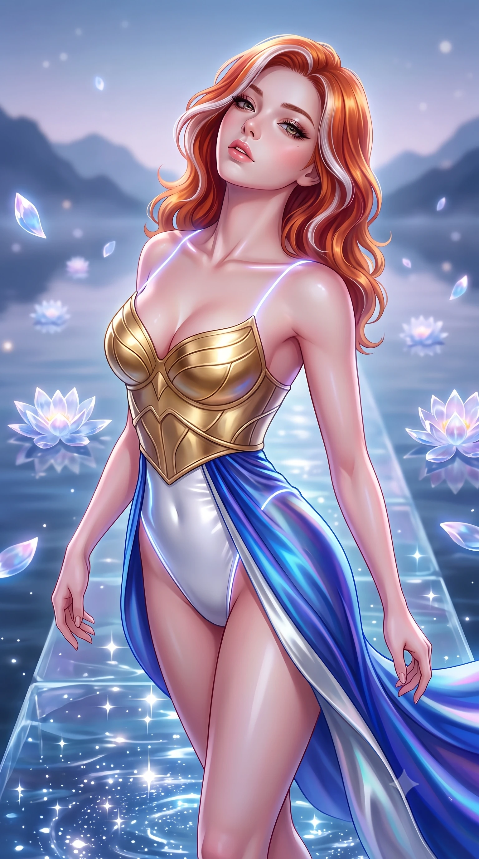score_9, masterpiece, best quality, ultra-detailed, high-budget anime keyframe, semi-realistic 3D game render, editorial fashion photography, tasteful artistic composition, Caucasian woman. close-up cowboy shot from the waist and thighs up, the character dominates the composition, filling the frame with her large presence. tilting her head back with a sensual alluring expression, exposing her throat and shoulders to the camera with heavy lashes and softly parted glossy lips while pivoting dynamically on a submerged crystal walkway with starlight reflecting off the calm water surface. The composition keeps background elements in soft focus with creamy bokeh. floating crystal lotus petals and distant mountain silhouettes softened in smooth atmospheric depth. She has an exceptionally elegant, slender, and willowy female figure with an ultra-slim waist, a gracefully sculpted slender torso, toned flat midriff, and a refined slim silhouette. sharp v-shaped jawline, high-bridge nose, intricate jewel-like eyes with depth, thick eyelashes, glossy lips with a natural sheen, flawlessly proportioned anatomical accuracy, strict slender model proportions, natural body alignment, perfectly sculpted long slender limbs, ultra-slim waistline, clean dynamic posture without body distortion. wearing a sculpted golden breastplate bodice paired with high-cut white satin briefs and a fluid draped side skirt in liquid electric cobalt blue and polished silver, made of smooth iridescent silk chiffon that shifts colors with movement, accented with glowing fiber-optic seams tracing her collarbones and hip curves, the sleek second-skin cut tightly hugging her graceful clavicle, narrow waist, and feminine curves with athletic precision. surrounded by an ethereal, mystical, and breathtakingly divine moon-goddess aura. highly saturated vibrant anime colors, detailed shading with soft gradients, rich glossy textures, high-contrast stereoscopic depth, volumetric dynamic lighting, master piece, 9:16 ratio
