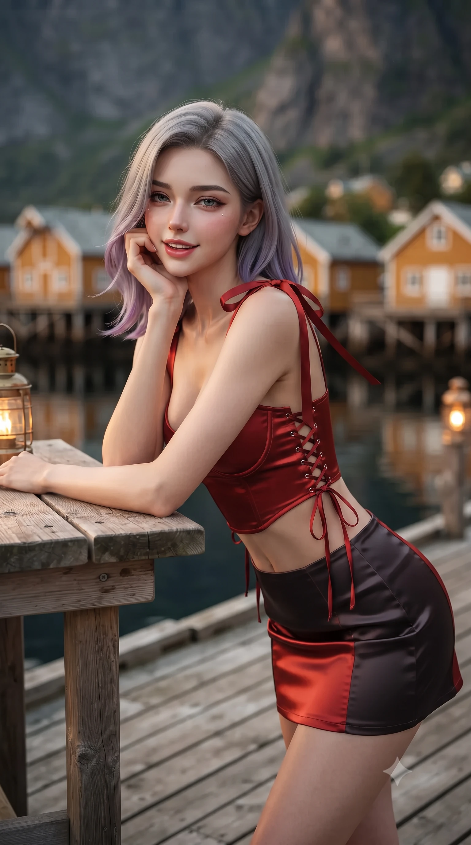score_9, masterpiece, best quality, ultra-detailed, high-budget anime keyframe, editorial fashion photography, tasteful artistic composition, Caucasian woman. close-up cowboy shot from the waist and thighs up, the character dominates the composition, filling the frame with her large presence. resting one elbow on the table and supporting her chin, leaning close to the camera with heavy-lidded sparkling eyes and parted lips while standing poised on the natural timber boardwalk snaking along the narrow fjord inlet between centuries-old yellow and ochre fishing huts, arching her lower back with effortless poise. The background shows a soft-focus historic 19th-century ochre wooden cabins on stilts, mirror harbor water reflections, and sheer vertical granite cliffs blurred into ochre, charcoal, and emerald bokeh. She has an exceptionally elegant, slender, and willowy female figure with an ultra-slim waist, flat toned midriff, narrow ribcage, and sculpted feminine hips creating an alluring, slim hourglass silhouette without bulk. sharp v-shaped jawline, high-bridge nose, intricate jewel-like sparkling eyes with depth, thick eyelashes, glossy parted lips with a natural peach sheen, bright cheerful beaming smile with an enchanting and coquettish sensual glint, exuding both youthful cute charm and seductive allure, flawlessly proportioned anatomical accuracy, strict slender model proportions, natural body alignment, perfectly sculpted long slender limbs, ultra-slim waistline, clean dynamic posture without body distortion. wearing a sculpted satin underwire crop bustier with lace-up side ties paired with a micro skirt in Reinefjorden rorbu vermilion red and obsidian granite, crafted from fluid liquid silk satin that clings smoothly to her narrow waist and rounded hips with a dewy sheen, finished with satin ribbon ties at the shoulders fluttering in the gentle breeze, the bespoke structured tailoring following the natural line of her 8.5-heads silhouette with refined elegance. bathed in the warm 2300K glow of vintage brass dock lanterns contrasted with cool Arctic evening sky. ultra-reflective glossy finish, specular highlights, rich textural contrasts, high-contrast stereoscopic depth, volumetric dynamic lighting, 2k, ultra detail, master piece, 9:16 ratio