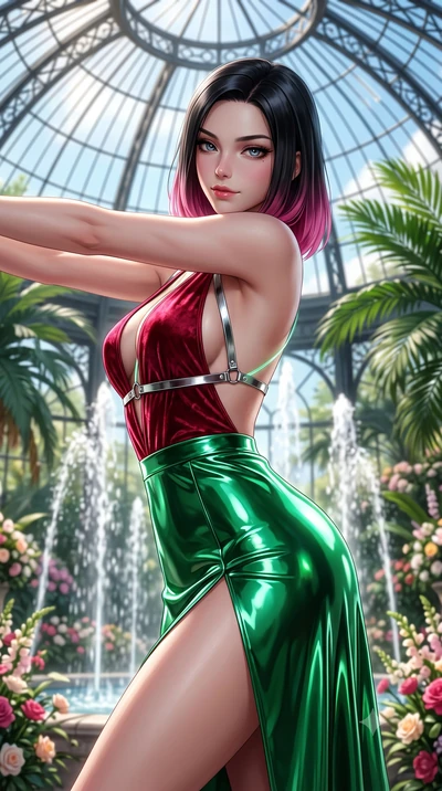 score_9, masterpiece, best quality, ultra-detailed, high-budget anime keyframe, semi-realistic 3D game render, editorial fashion photography, tasteful artistic composition, Korean woman. close-up cowboy shot from the waist and thighs up, the characte