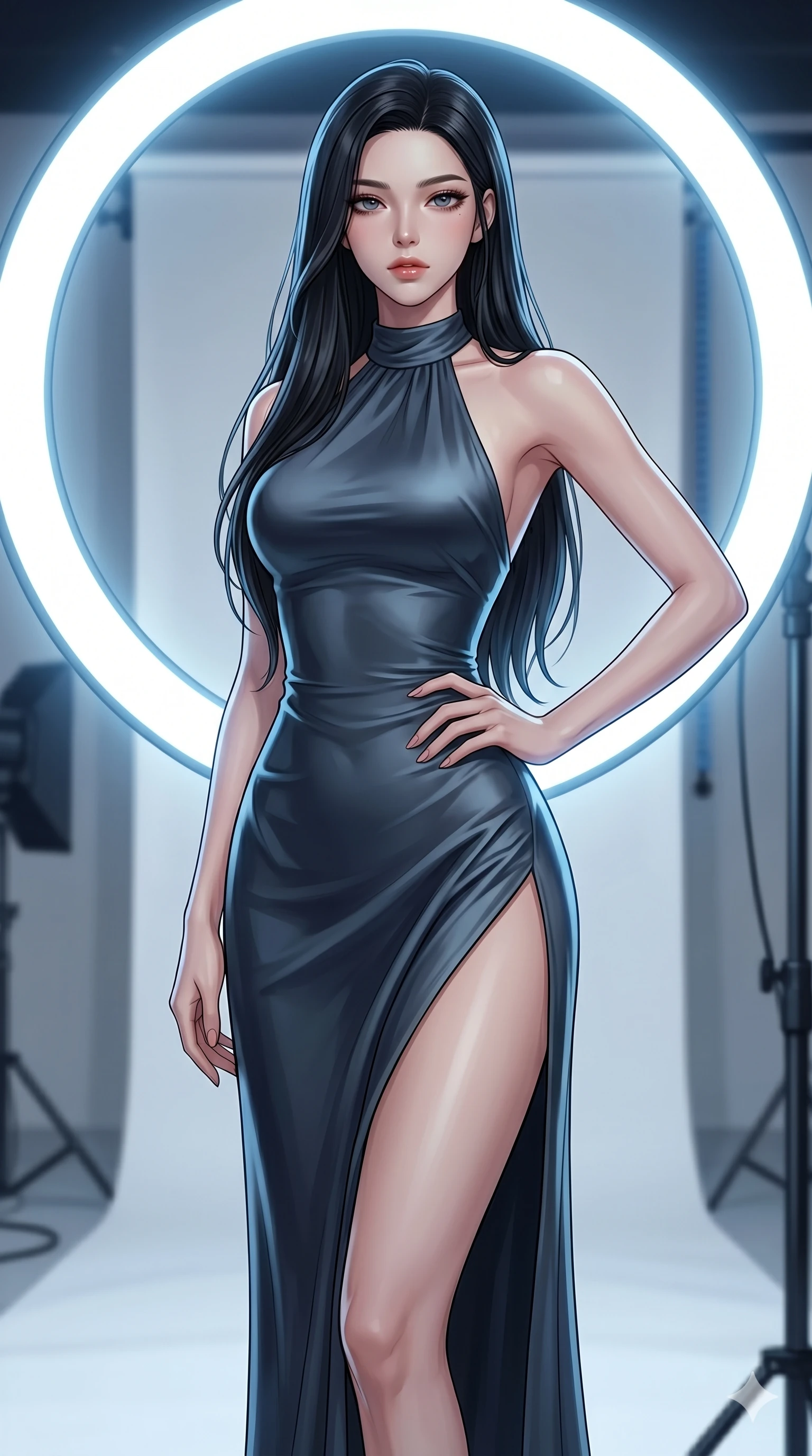 score_9, masterpiece, best quality, ultra-detailed, high-budget anime keyframe, editorial fashion photography, tasteful artistic composition, Korean woman. cowboy shot from the thighs up, character and outfit filling the frame for maximum editorial presence. resting her hand on her hip, arching her back slightly, with bedroom eyes in a professional photo studio with a giant circular ring light (Code-P17-071). She has an absolutely perfect 8-heads proportion, an exceptionally tall and slender female figure with impossibly long slender legs and an ultra-slim waist. V-shaped jawline, high-bridge nose, intricate jewel-like eyes with depth, thick eyelashes, glossy lips with a natural sheen. wearing a halter neck silk gown featuring a daring high slit to mid-thigh. cool blue Earthlight mixed with warm indoor lighting, tracing the contours of her body. 2k, ultra detail, master piece, 9:16 ratio