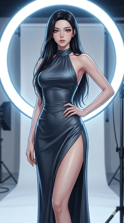 score_9, masterpiece, best quality, ultra-detailed, high-budget anime keyframe, editorial fashion photography, tasteful artistic composition, Korean woman. cowboy shot from the thighs up, character and outfit filling the frame for maximum editorial p
