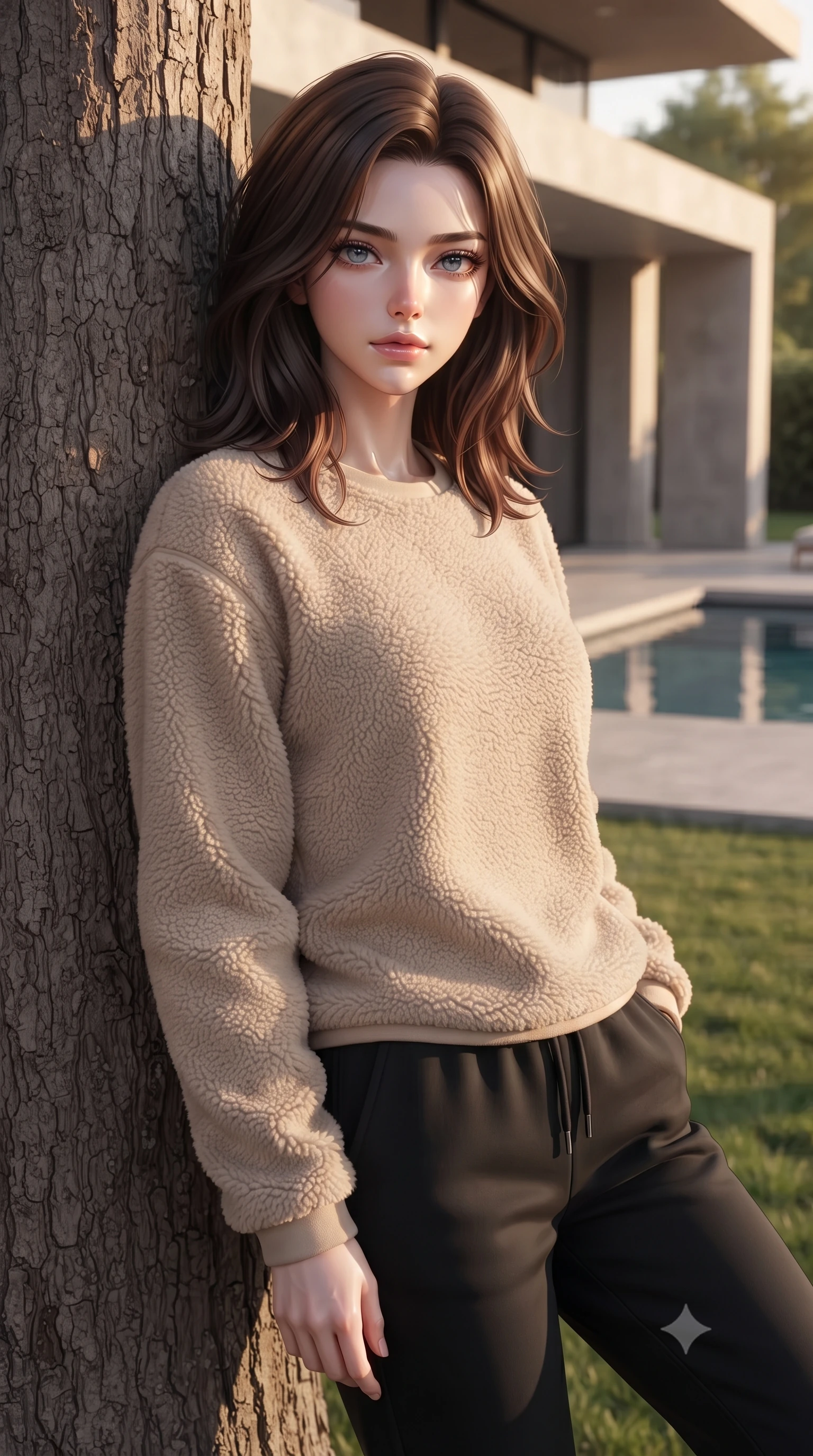 score_9, masterpiece, best quality, ultra-detailed, high-budget anime keyframe, editorial fashion photography, tasteful artistic composition, Korean woman woman. close-up cowboy shot from the waist and thighs up, the character dominates the composition, filling the frame with her large presence, background elements kept in soft focus. standing relaxed against a tree trunk, sharing a quiet, serene moment with the viewer the background shows a soft-focus a concrete deck of a minimalist luxury villa, with a private pool and green lawn. She has an exceptionally elegant, slender, and willowy female figure with an ultra-slim waist, a gracefully sculpted slender torso, and a refined silhouette. sharp v-shaped jawline, high-bridge nose, intricate jewel-like eyes with depth, thick eyelashes, glossy lips with a natural sheen. wearing a slim-fit cozy beige fleece pullover paired with black cotton joggers. warm sunset light casting long clean shadow lines from the villa's architecture. ultra-reflective glossy finish, specular highlights, metallic sheen, high-contrast stereoscopic depth, volumetric dynamic lighting, 2k, ultra detail, master piece, 9:16 ratio