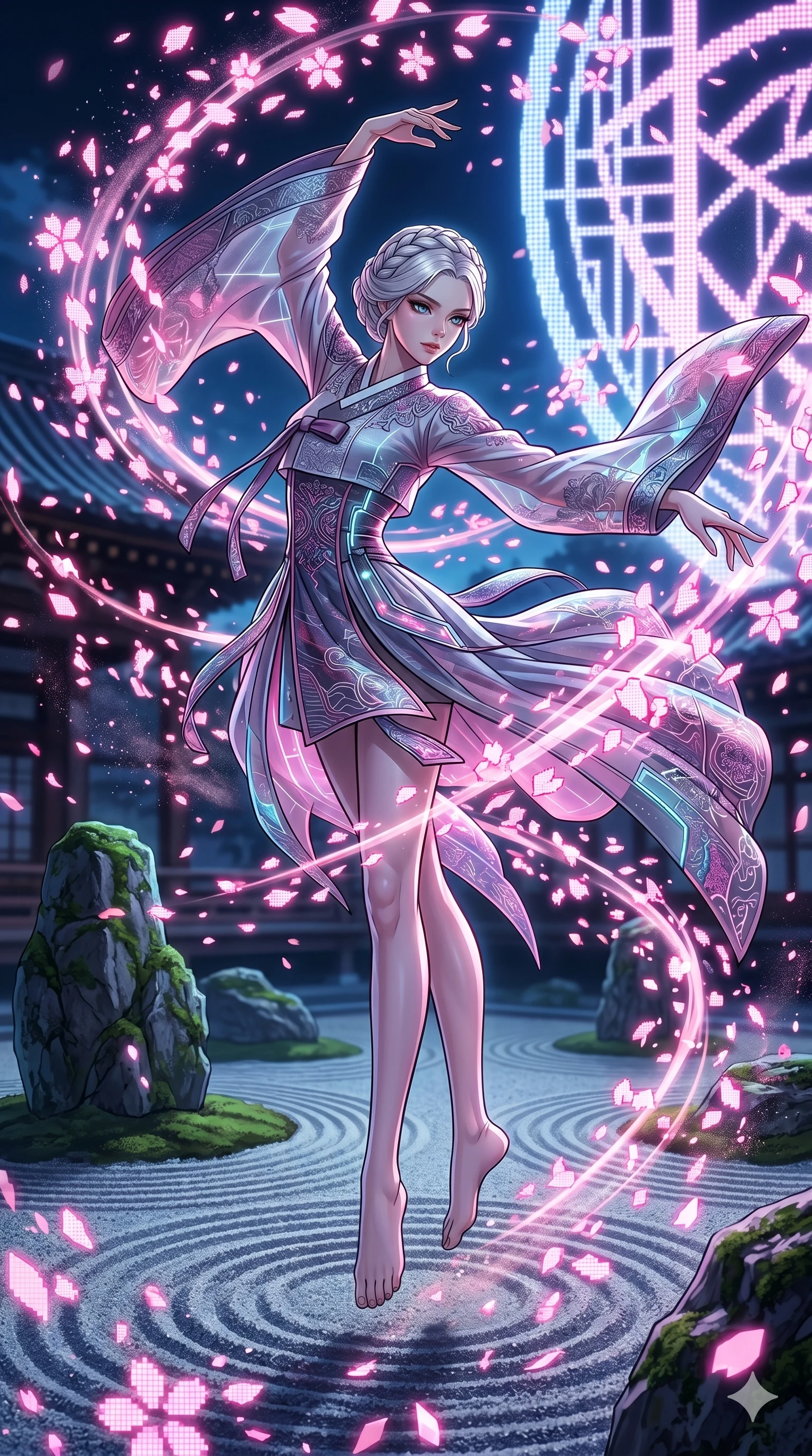 score_9, masterpiece, best quality, ultra-detailed, high-budget anime movie keyframe, cinematic anime lighting, intricate line art, Japanese anime girl. Mid-air action shot capturing a graceful twist and vertical silhouette. dancing amidst a blizzard of digital sakura petals in a zen garden. She has an absolutely perfect 8-heads proportion, an exceptionally tall and slender female figure with an ultra-slim waist and impossibly long slender legs. strictly human anatomy, two legs only, no extra limbs, clearly defined legs and arms, perfect anatomy, perfect hands and fingers. sharp v-shaped jawline, high-bridge nose, intricate jewel-like eyes, thick eyelashes, glossy lips. Wearing Modern Traditional: Shortened cyber-hanbok with fusion silk robes and transparent panels. The scene is illuminated by dramatic atmospheric lighting and vibrant color palettes. , 2k, ultra detail, master piece, 9:16 ratio