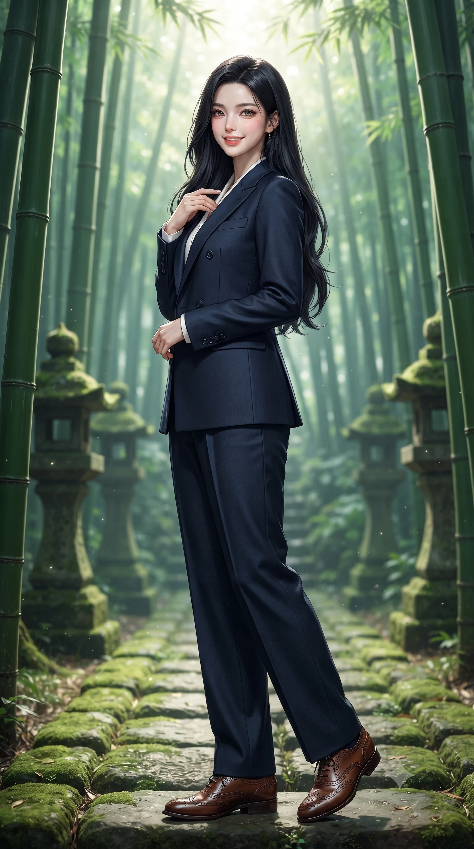 score_9, masterpiece, best quality, ultra-detailed, high-budget anime keyframe, editorial fashion photography, tasteful artistic composition, Korean woman. close-up cowboy shot from the waist and thighs up, the character dominates the composition, filling the frame with her large presence. resting one hand gracefully on her tailored blazer lapel while looking into the camera with bright, sparkling eyes while standing poised between towering emerald bamboo stalks, looking back along the stone pathway with an enchanting, radiant smile. The background shows a soft-focus ancient mossy stone lanterns softened in mystical Japanese natural sanctuary shallow focus. She has an exceptionally elegant, slender, and willowy female figure with an ultra-slim waist, flat toned midriff, narrow ribcage, and sculpted feminine hips creating an alluring, slim hourglass silhouette without bulk. sharp v-shaped jawline, high-bridge nose, intricate jewel-like sparkling eyes with depth, thick eyelashes, glossy parted lips with a natural peach sheen, bright cheerful beaming smile with an enchanting and coquettish sensual glint, exuding both youthful cute charm and seductive allure, flawlessly proportioned anatomical accuracy, strict slender model proportions, natural body alignment, perfectly sculpted long slender limbs, ultra-slim waistline, clean dynamic posture without body distortion. wearing a refined double-breasted wool gabardine pantsuit with clean minimalist tailoring and a concealed placket in French navy blue and crisp alabaster white, tailored from fine wool gabardine with crisp permanent pleats and sharp drape, complemented by classic polished leather oxfords with brogue perforations, the expertly draped wool fabric falling in crisp fluid lines along her tall 8.5-heads silhouette, celebrating her slender frame without excess fabric bulk. bathed in ethereal shafts of morning sunlight (komorebi) piercing through dense emerald bamboo canopies. ultra-reflective glossy finish, specular highlights, rich textural contrasts, high-contrast stereoscopic depth, volumetric dynamic lighting, 2k, ultra detail, master piece, 9:16 ratio