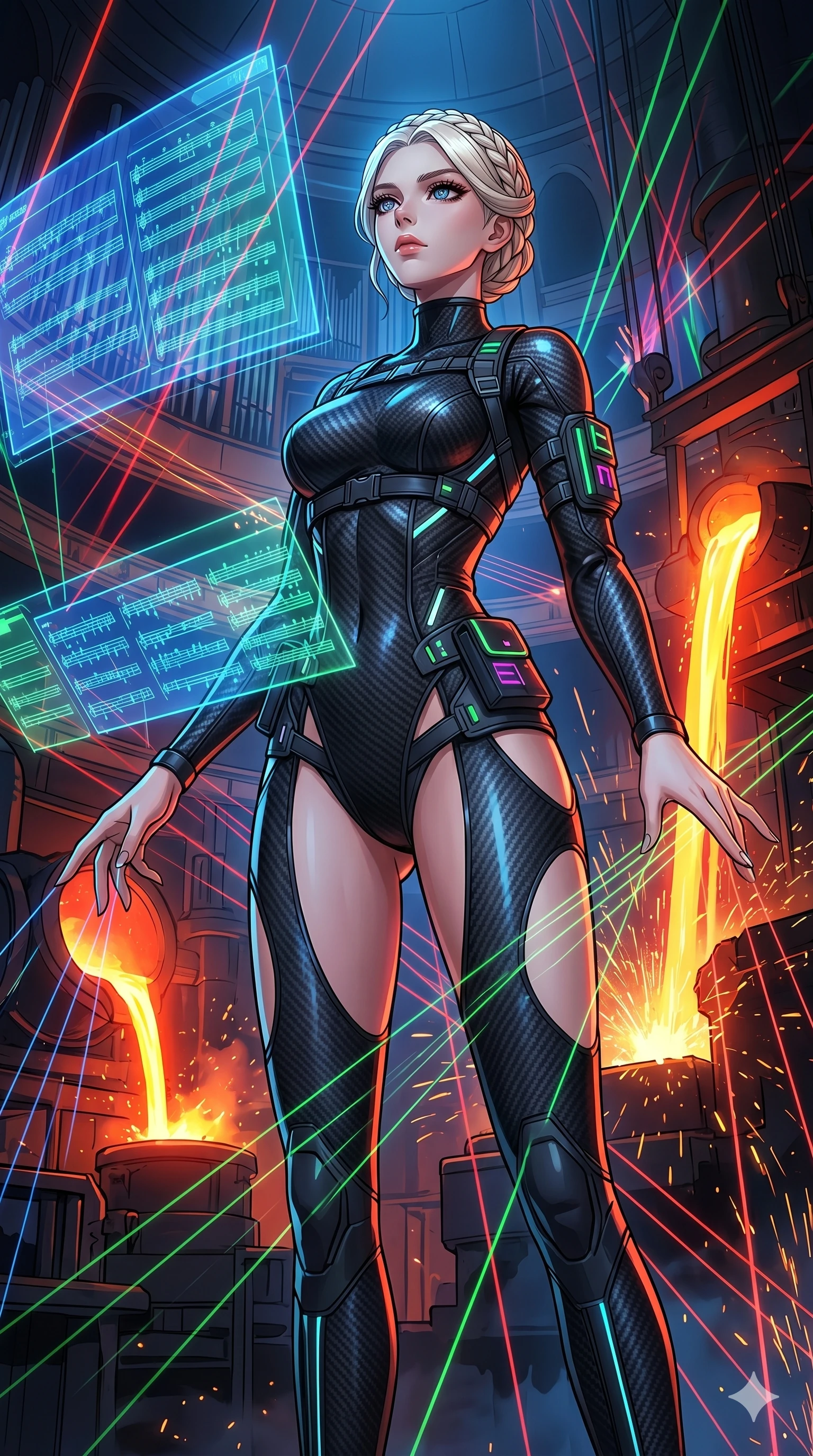 score_9, masterpiece, best quality, ultra-detailed, High-budget Anime Keyframe, vibrant colors, fluid line-art, expressive lighting, cinematic composition, Ufotable-style visual effects, top-tier animation quality, Caucasian woman with pale skin, blonde hair, and (strictly human ears). Low angle cowboy shot filling the entire 9:16 frame with her statuesque presence, looking up to emphasize her height. Orchestrating a complex symphony of laser lights and holographic projections in a grand futuristic concert hall. She has an absolutely perfect 8-heads proportion, an exceptionally tall and slender female figure with impossibly long slender legs and an ultra-slim waist, her statuesque height and towering silhouette dominating the vertical 9:16 frame. Her face is a masterpiece featuring a sharp v-shaped jawline, high-bridge nose, intricate jewel-like eyes with depth, thick eyelashes, and glossy lips with a natural sheen. She is wearing a Fitted bodysuit with a complex integrated harness system and streamlined silhouette crafted from Carbon-fiber weave with a high-tech matte finish and integrated glowing filaments, with integrated neon-lit tactical gear and suggestive cutouts on the thighs. The scene is set in a gritty industrial factory with glowing molten metal, flying sparks, and deep shadows, illuminated by harsh neon light and deep shadows creating a high-contrast noir aesthetic. 2k, ultra detail, master piece, 9:16 ratio
