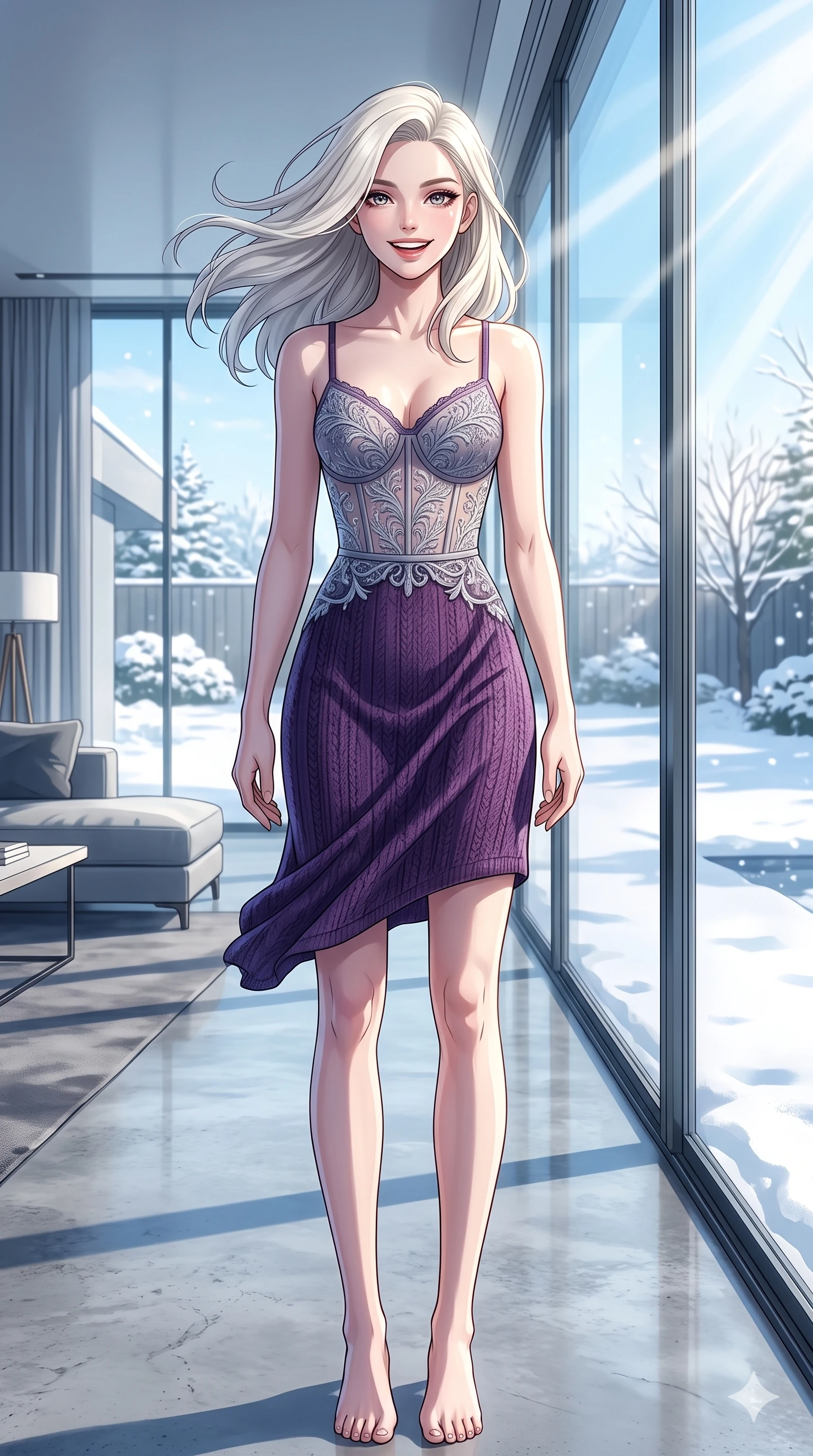 score_9, masterpiece, best quality, ultra-detailed, high-budget anime keyframe, vibrant anime aesthetic, Caucasian woman, strictly human ears. cowboy shot from the thighs up, character and outfit filling the frame for maximum presence. She is standing tall with a lively winter smile, her hair blowing in the winter breeze inside a modern villa with a snowy garden view (Code-P21-149). She has an absolutely perfect 8-heads proportion, an exceptionally tall and slender female figure with impossibly long slender legs and an ultra-slim waist. V-shaped jawline, high-bridge nose, intricate jewel-like eyes with depth, thick eyelashes, glossy lips with a natural sheen. wearing a semi-opaque structured bodice over a purple textured knit slip dress in the winter sun. She is bathed in brilliant midday winter sunbeams, casting sharp highlights that outline her slim waist. 2k, ultra detail, master piece, 9:16 ratio