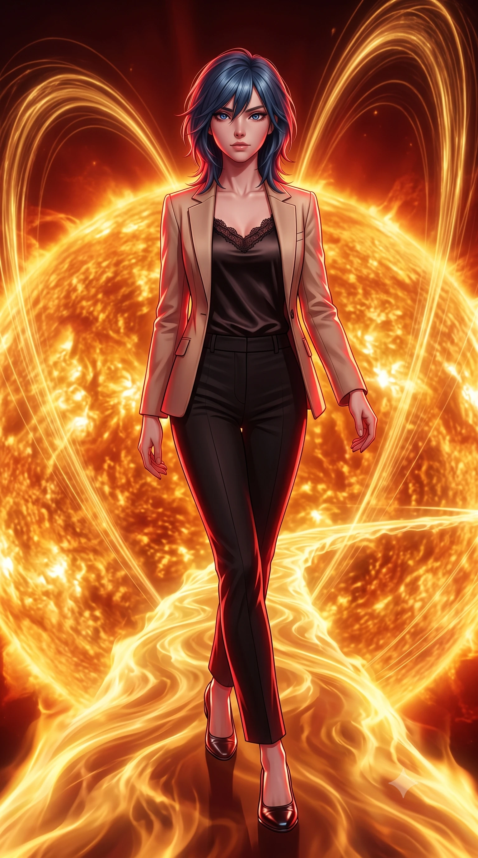 score_9, masterpiece, best quality, ultra-detailed, high-budget anime keyframe, editorial fashion photography, tasteful artistic composition, Caucasian woman, strictly human ears. low angle full-body shot from head to toe showing her feet, filling the entire 9:16 vertical frame with her statuesque presence, stretching her vertical silhouette. stepping elegantly through a bridge made of solidified solar plasma stretching across the blazing corona of the sun with heat shimmer distorting the view and enormous magnetic field lines arcing overhead like golden ribbons. She has a statuesque 8.5-heads proportion, an exceptionally tall, slender and willowy model-like build with impossibly long legs and a highly sculpted ultra-slim waist. sharp v-shaped jawline, high-bridge nose, intricate jewel-like eyes with depth, thick eyelashes, glossy lips with a natural sheen. wearing a black fine lace-trimmed satin camisole layered under a structured beige blazer, paired with tailored pencil pants. deep crimson theatrical lighting with sharp specular highlights on every curve. 2k, ultra detail, master piece, 9:16 ratio