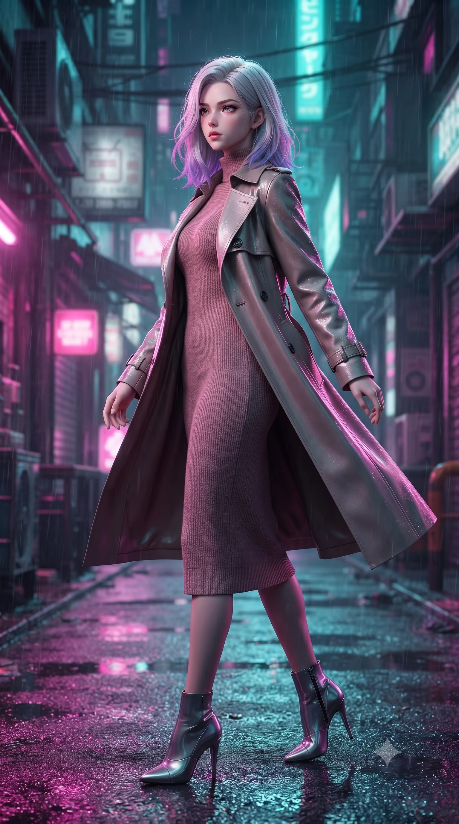 score_9, masterpiece, best quality, ultra-detailed, high-budget anime keyframe, editorial fashion photography, tasteful artistic composition, Caucasian woman woman. low angle full-body shot from head to toe showing her feet, filling the entire 9:16 vertical frame with her statuesque presence, stretching her vertical silhouette. She has an absolutely perfect, statuesque 8.5-heads proportion, an exceptionally tall and slender model-like female figure with impossibly long slender legs and an ultra-slim waist. turning fluidly while glancing back over her shoulder with magnetic intensity and statuesque grace, flawlessly proportioned anatomical accuracy, natural body alignment, perfectly sculpted elegant limbs, clean dynamic posture without body distortion. set against a soft-focus background of a cyberpunk alley with wet asphalt reflecting rain. wearing a classic tailored trench coat over a high-neck dusty rose knit midi dress. drenched in wet neon reflections of magenta and turquoise casting glossy specular highlights. ultra-reflective glossy finish, specular highlights, metallic sheen, high-contrast stereoscopic depth, volumetric dynamic lighting, 2k, ultra detail, master piece, 9:16 ratio