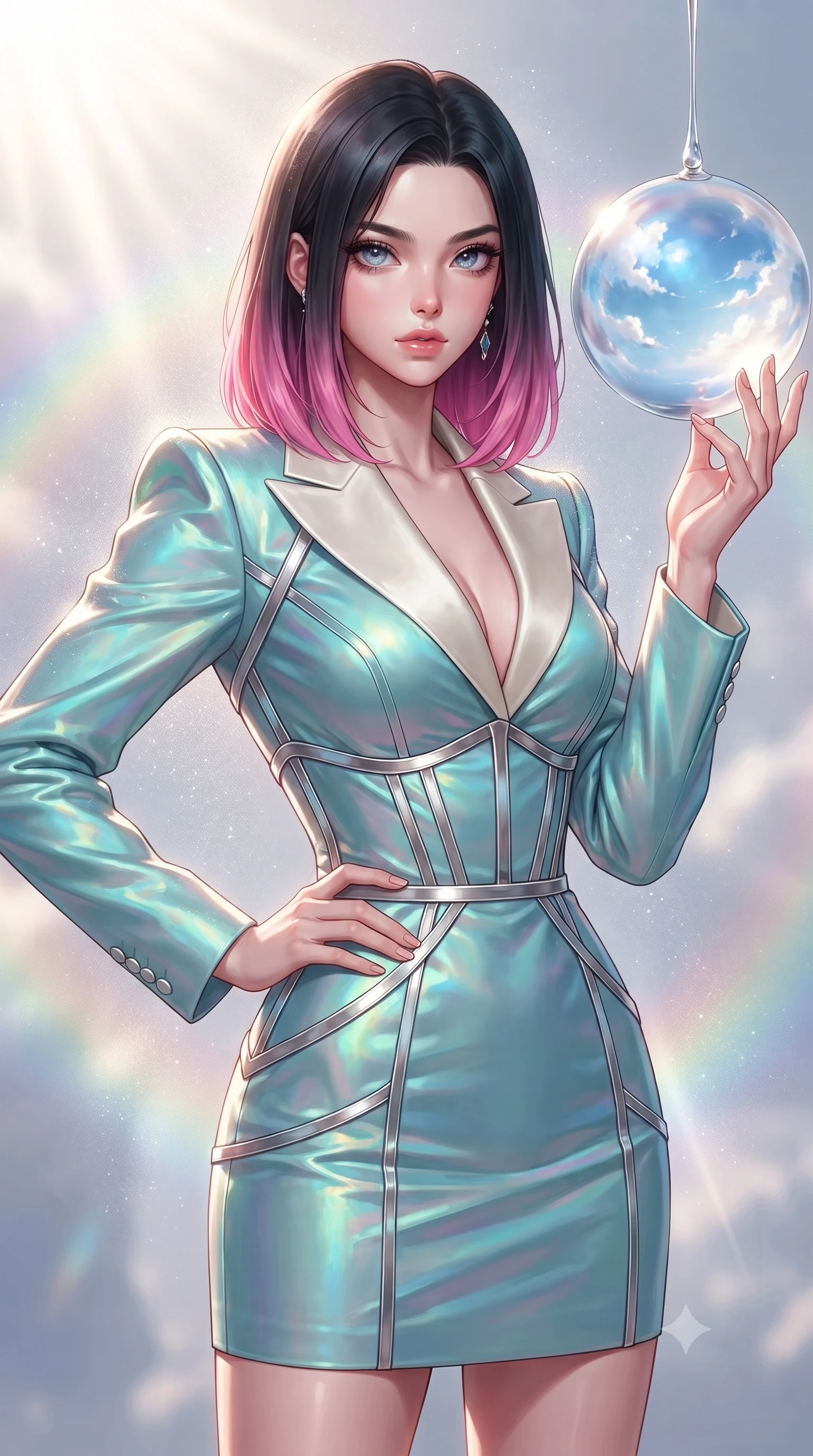 score_9, masterpiece, best quality, ultra-detailed, high-budget anime keyframe, editorial fashion photography, tasteful artistic composition, Korean woman. close-up cowboy shot from the waist and thighs up, the character dominates the composition, filling the frame with her large presence, background elements kept in soft focus. Holding a confident power pose with one hand on her hip, touching a suspended sphere of liquid pearl reflecting a bright sky full of clouds, fine water mist creating soft rainbow halos around her form. She has an exceptionally elegant, slender, and willowy female figure with an ultra-slim waist, a gracefully sculpted slender torso, and a refined silhouette. sharp v-shaped jawline, high-bridge nose, intricate jewel-like eyes with depth, thick eyelashes, glossy lips with a natural sheen. wearing tailored ivory tux dress with satin lapels and fitted waist in radiant platinum, made of iridescent turquoise taffeta, highlighted by a platinum metallic harness structure, the fitted fabric emphasizing her ultra-slim waist. lit by brilliant sunbeams filtering through crystalline water mist. highly saturated vibrant anime colors, detailed shading with soft gradients, rich glossy textures, high-contrast stereoscopic depth, volumetric dynamic lighting, master piece, 9:16 ratio