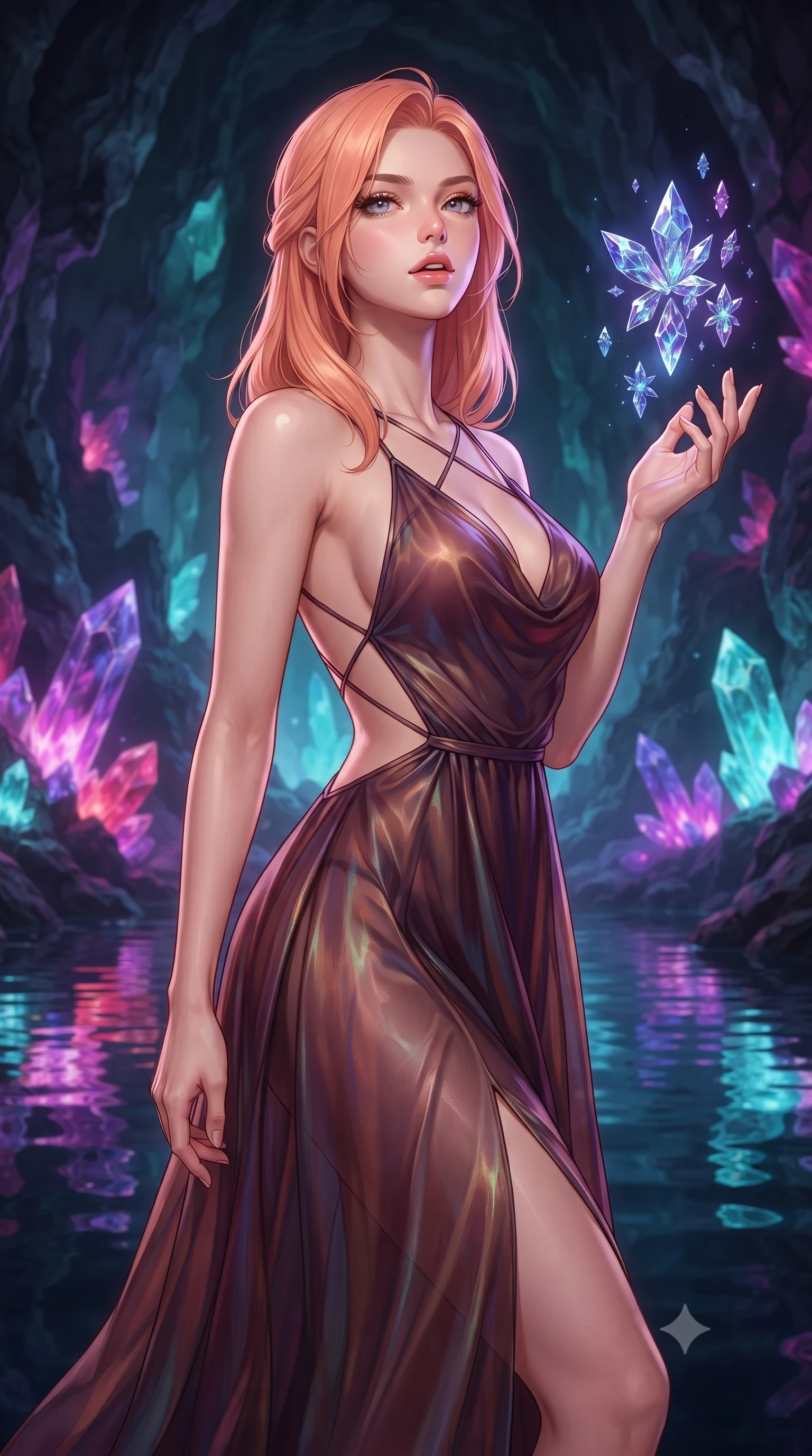 score_9, masterpiece, best quality, ultra-detailed, high-budget anime keyframe, editorial fashion photography, tasteful artistic composition, Japanese woman. close-up cowboy shot from the waist and thighs up, the character dominates the composition, filling the frame with her large presence, background elements kept in soft focus. Tilting her chin up slightly with lips parted in a magnetic, composed expression guiding floating sapphire light crystals inside a deep mineral sanctuary, still mirror-like water below reflecting her statuesque figure flawlessly. She has an exceptionally elegant, slender, and willowy female figure with an ultra-slim waist, a gracefully sculpted slender torso, and a refined silhouette. sharp v-shaped jawline, high-bridge nose, intricate jewel-like eyes with depth, thick eyelashes, glossy lips with a natural sheen. wearing a translucent iridescent chiffon gown with a plunging neckline and open back in deep burgundy and bronze, crafted from lustrous satin jersey with fluid draping, complemented by criss-cross back straps highlighting her bare shoulders, the form-contouring material highlighting her ultra-slim waist and long lines. illuminated by radiant purple, magenta, and cyan crystal inner glow. highly saturated vibrant anime colors, detailed shading with soft gradients, rich glossy textures, high-contrast stereoscopic depth, volumetric dynamic lighting, master piece, 9:16 ratio