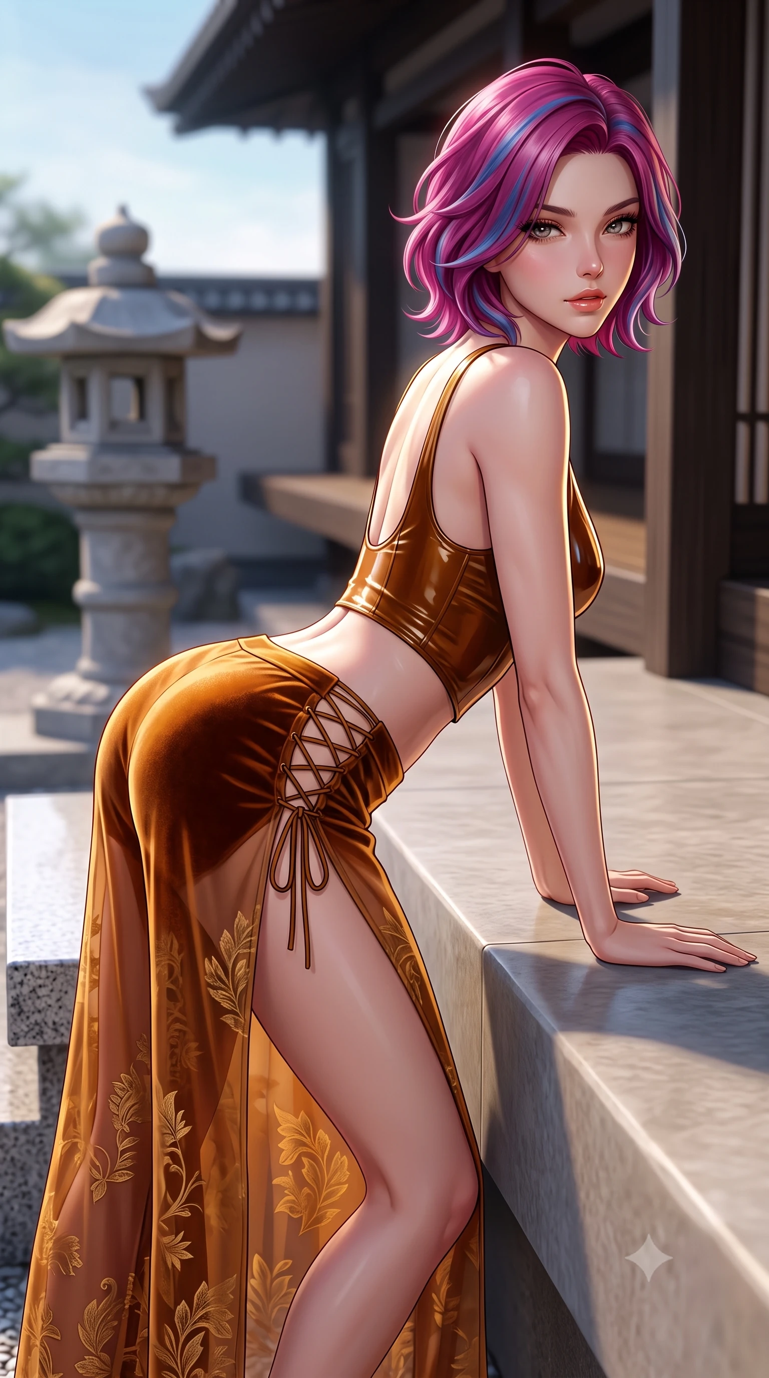 score_9, masterpiece, best quality, ultra-detailed, high-budget anime keyframe, semi-realistic 3D game render, editorial fashion photography, tasteful artistic composition, Caucasian woman. close-up cowboy shot from the waist and thighs up, the character dominates the composition, filling the frame with her large presence. leaning forward while arching her lower back to accentuate her curvy hips, looking into the camera with an intoxicating smoldering gaze and bedroom-eyes while lounging across the stone veranda ledge propped on one hand, her long slender legs and flat midriff commanding the tranquil sky sanctuary. The background shows a soft-focus stone pagoda lanterns softened in contemplative modern Japanese luxury shallow focus. She has an exceptionally elegant, slender, and willowy female figure with an ultra-slim waist, flat toned midriff, narrow ribcage, and sculpted feminine hips creating an alluring, slim hourglass silhouette without bulk. sharp v-shaped jawline, high-bridge nose, sparkling eyes with hypnotic seductive depth, thick curled eyelashes, glossy parted lips with a natural dewy peach sheen, alluring bedroom-eyes with an enchanting coquettish smile, exuding magnetic siren charisma and sophisticated glamour, flawlessly proportioned anatomical accuracy, strict slender model proportions, natural body alignment, perfectly sculpted long slender limbs, ultra-slim waistline, clean dynamic posture without body distortion. wearing a wet-look form-fitting vinyl bustier paired with sheer chiffon high-slit wide-leg trousers in warm amber honey and antique gold leaf, tailored from ultra-plush velvet with rich tactile depth and deep shadow gradients, featuring fine criss-cross lace-up side ties revealing tantalizing glimpses of her hip curve, the precision-cut side openings and low-back scoop framing her graceful spine and the sensual sweep of her slim, toned hips. illuminated by granite bench reflection fill and sharp platinum-gold rim lights defining her razor-sharp jawline, narrow waist, and curvy hips. highly saturated vibrant anime colors, detailed shading with soft gradients, rich glossy textures, high-contrast stereoscopic depth, volumetric dynamic lighting, master piece, 9:16 ratio