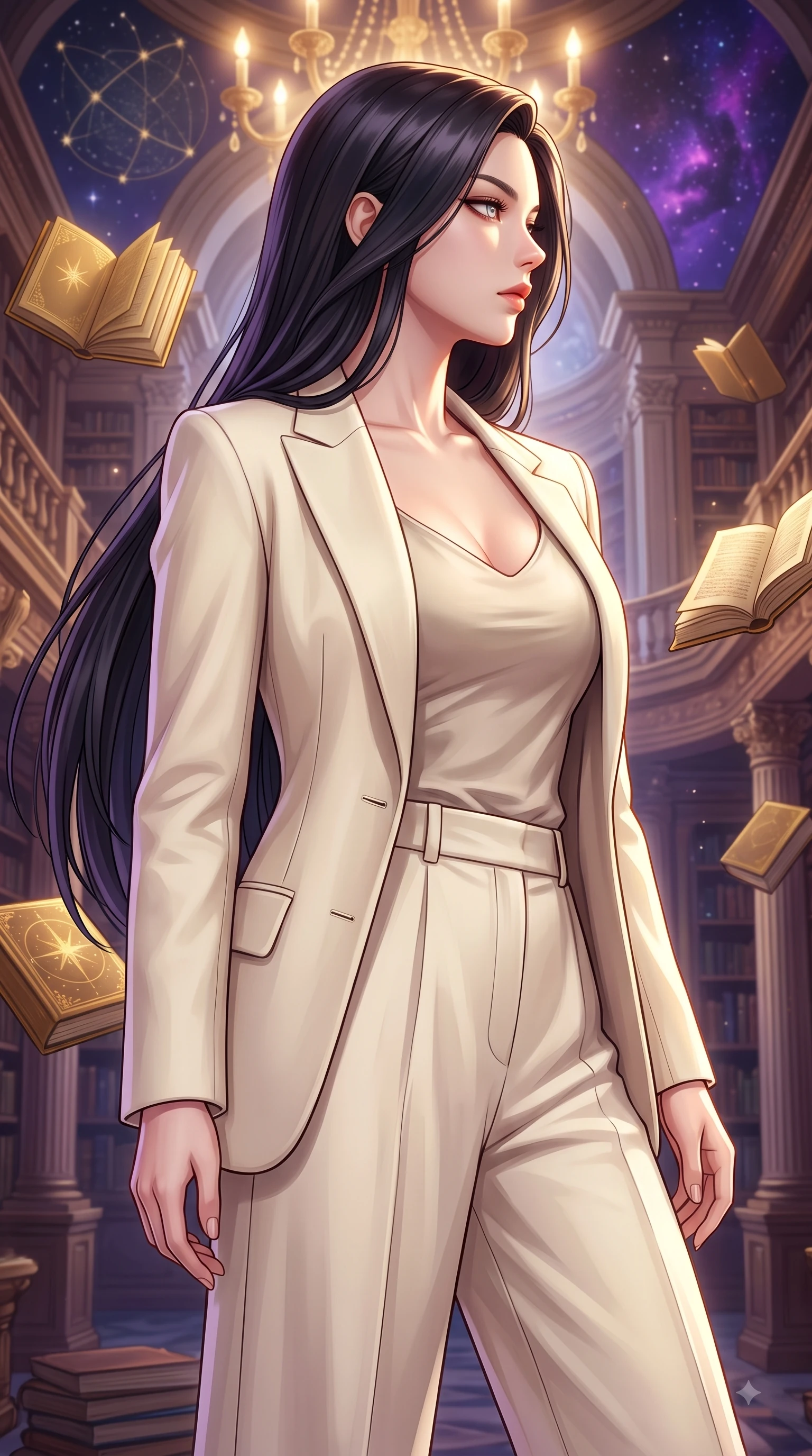 score_9, masterpiece, best quality, ultra-detailed, high-budget anime keyframe, editorial fashion photography, tasteful artistic composition, Korean woman woman. close-up cowboy shot from the waist and thighs up, the character dominates the composition, filling the frame with her large presence, background elements kept in soft focus. She has an exceptionally elegant, slender, and willowy female figure with an ultra-slim waist, a gracefully sculpted slender torso, and a refined silhouette. turning her head in a sharp dramatic profile against the key light, her eyes glowing with calm focus, flawlessly proportioned anatomical accuracy, natural body alignment, perfectly sculpted elegant limbs, clean dynamic posture without body distortion. set against a soft-focus background of a grand baroque library with floating golden books and star charts. wearing a tailored cream wool blazer over an oatmeal silk camisole and wide-leg trousers. bathed in warm ambient chandelier glow contrasting with deep space nebula purple light. highly saturated vibrant anime colors, detailed shading with soft gradients, rich glossy textures, high-contrast stereoscopic depth, volumetric dynamic lighting, master piece, 9:16 ratio