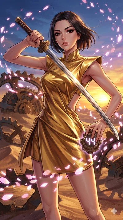 score_9, masterpiece, best quality, ultra-detailed, Set A: High-budget Anime Keyframe, Japanese woman. Low angle cowboy shot filling the entire 9:16 frame with her statuesque presence. Drawing a blade through a clockwork desert, holding a relic that 
