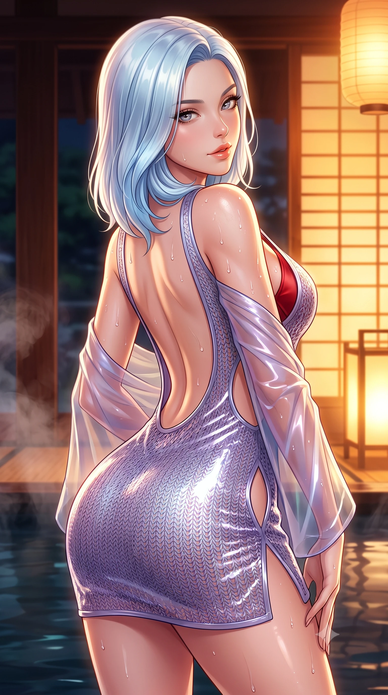 score_9, masterpiece, best quality, ultra-detailed, high-budget anime keyframe, semi-realistic 3D game render, editorial fashion photography, tasteful artistic composition, Korean woman. close-up cowboy shot from the waist and thighs up, the character dominates the composition, filling the frame with her large presence. leaning forward while arching her lower back to accentuate her curvy hips, looking into the camera with an intoxicating smoldering gaze and bedroom-eyes while twisting her slender torso in an alluring S-curve, delicate rising pond steam and warm shoji paper lantern glows tracing her silhouette. The surrounding environment is rendered in vivid detail and crisp panoramic clarity: detailed sheer silk organza modern kimono robe slipping off bare shoulders, red satin bralette cling, and bespoke architecture in high resolution. She has an exceptionally elegant, slender, and willowy female figure with an ultra-slim waist, flat toned midriff, narrow ribcage, and sculpted feminine hips creating an alluring, slim hourglass silhouette without bulk. sharp v-shaped jawline, high-bridge nose, sparkling eyes with hypnotic seductive depth, thick curled eyelashes, glossy parted lips with a natural dewy peach sheen, alluring bedroom-eyes with an enchanting coquettish smile, exuding magnetic siren charisma and sophisticated glamour, flawlessly proportioned anatomical accuracy, strict slender model proportions, natural body alignment, perfectly sculpted long slender limbs, ultra-slim waistline, clean dynamic posture without body distortion. wearing a slinky crochet-lace knit resort mini dress with deep open-back scoop revealing her toned spine in dusk lavender and iridescent silver, crafted from wet-look high-gloss vinyl fabric with dazzling specular surface reflections, finished with glistening drops of hot spring or lagoon water beading across her sculpted shoulders and collarbones, the precision-cut side openings and low-back scoop framing her graceful spine and the sensual sweep of her slim, toned hips. bathed in warm 2600K amber light radiating from sliding shoji screens mixed with dark water specular reflection. highly saturated vibrant anime colors, detailed shading with soft gradients, rich glossy textures, high-contrast stereoscopic depth, volumetric dynamic lighting, master piece, 9:16 ratio