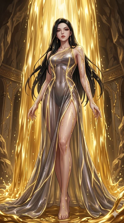 score_9, masterpiece, best quality, ultra-detailed, High-budget Anime Keyframe, East Asian woman. Low angle cowboy shot filling the entire 9:16 frame with her statuesque presence. Scenario 79: Standing under a waterfall of liquid gold, the fluid coat