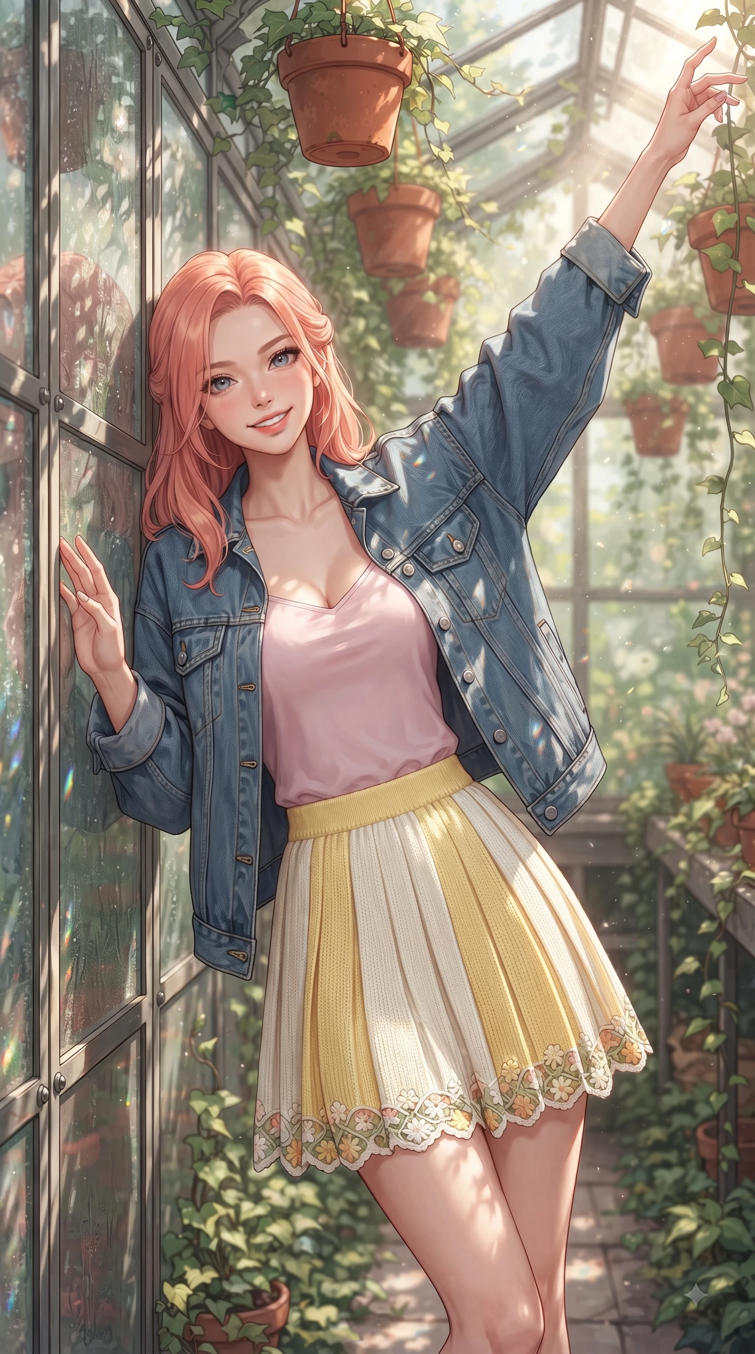 score_9, masterpiece, best quality, ultra-detailed, high-budget anime keyframe, editorial fashion photography, tasteful artistic composition, Japanese woman. close-up cowboy shot from the waist and thighs up, the character dominates the composition, filling the frame with her large presence. Extending one arm in an elegant stretch toward the light while smiling with vibrant, youthful self-assurance while leaning against a glass greenhouse wall surrounded by hanging terracotta flower pots and ivy. The composition keeps background elements in soft focus with dreamy bokeh. cascading botanical vines and delicate greenhouse refractions softened in creamy depth of field. She has an exceptionally elegant, slender, and willowy female figure with an ultra-slim waist, a gracefully sculpted slender torso, and a refined silhouette. sharp v-shaped jawline, high-bridge nose, intricate jewel-like eyes with depth, thick eyelashes, glossy lips with a natural sheen, flawlessly proportioned anatomical accuracy, natural body alignment, perfectly sculpted elegant limbs, clean dynamic posture without body distortion. wearing a trendy oversized denim jacket over a soft pastel pink camisole and white pleated mini skirt in bright butter yellow and fresh cream white, knitted from soft cozy cashmere yarn, complemented by delicate embroidered floral trim along the hem, the breezy lightweight fabric fluttering softly against her delicate frame. illuminated by fresh botanical sunbeams casting delicate leaf patterns. ultra-reflective glossy finish, specular highlights, metallic sheen, high-contrast stereoscopic depth, volumetric dynamic lighting, 2k, ultra detail, master piece, 9:16 ratio