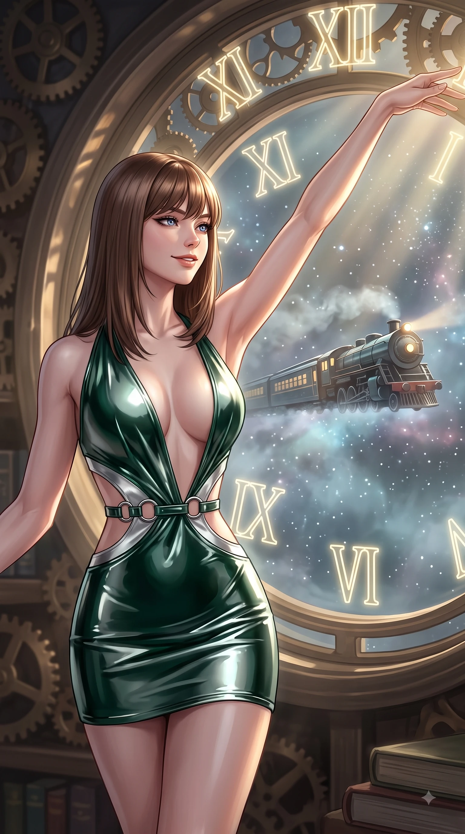 score_9, masterpiece, best quality, ultra-detailed, high-budget anime keyframe, editorial fashion photography, tasteful artistic composition, Korean woman. close-up cowboy shot from the waist and thighs up, the character dominates the composition, filling the frame with her large presence, background elements kept in soft focus. Extending one arm in an elegant stretch toward the light while smiling with magnetic self-assurance while gazing out a circular clock window at a galaxy express train passing through starlight mist, glowing neon clock numbers floating in the air with vintage elegancy. She has an exceptionally elegant, slender, and willowy female figure with an ultra-slim waist, a gracefully sculpted slender torso, and a refined silhouette. sharp v-shaped jawline, high-bridge nose, intricate jewel-like eyes with depth, thick eyelashes, glossy lips with a natural sheen, flawlessly proportioned anatomical accuracy, natural body alignment, perfectly sculpted elegant limbs, clean dynamic posture without body distortion. wearing a liquid mercury gloss mini dress with ultra-deep V-neck and waist cutouts in deep emerald green and silver accent, tailored from high-gloss patent leather, accented with delicate chrome ring hardware framing her waist, the glove-like fit emphasizing her statuesque silhouette during motion. illuminated by a brilliant golden hour glow filtering through clockwork dials. ultra-reflective glossy finish, specular highlights, metallic sheen, high-contrast stereoscopic depth, volumetric dynamic lighting, 2k, ultra detail, master piece, 9:16 ratio