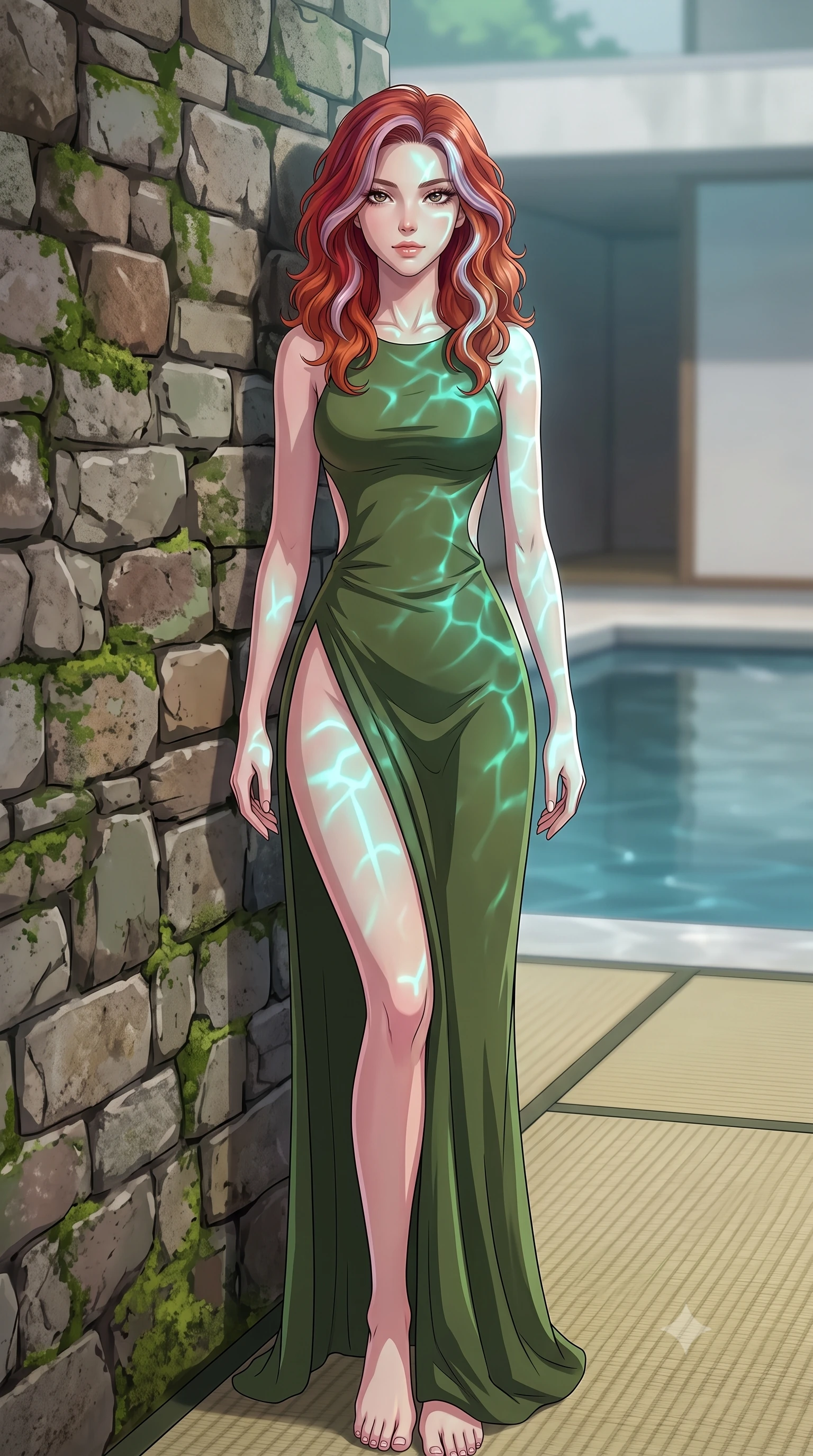 score_9, masterpiece, best quality, ultra-detailed, high-budget anime keyframe, tasteful artistic composition, Caucasian woman. low angle full-body shot from head to toe showing her feet, filling the entire 9:16 vertical frame with her statuesque presence, stretching her vertical silhouette. leaning back against a rustic stone wall, casting a slow, alluring gaze at the camera the background shows a soft-focus a modern minimal villa courtyard with a quiet reflection pool and tatami mats. She has an absolutely perfect, statuesque 8.5-heads proportion, an exceptionally tall and slender model-like female figure with impossibly long slender legs and an ultra-slim waist. sharp v-shaped jawline, high-bridge nose, intricate jewel-like eyes with depth, thick eyelashes, glossy lips with a natural sheen. wearing a form-contouring dramatic open-back maxi dress in olive green, featuring a high thigh slit. shifting aqua light reflections from the pool water mapping across her features. highly saturated vibrant anime colors, cel-shading, 2d style, master piece, 9:16 ratio