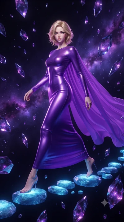 score_9, masterpiece, best quality, ultra-detailed, High-budget Anime Keyframe, editorial fashion photography, tasteful artistic composition, realistic cosplay photography, Caucasian woman, strictly human ears. Dynamic full-body shot stretching the v