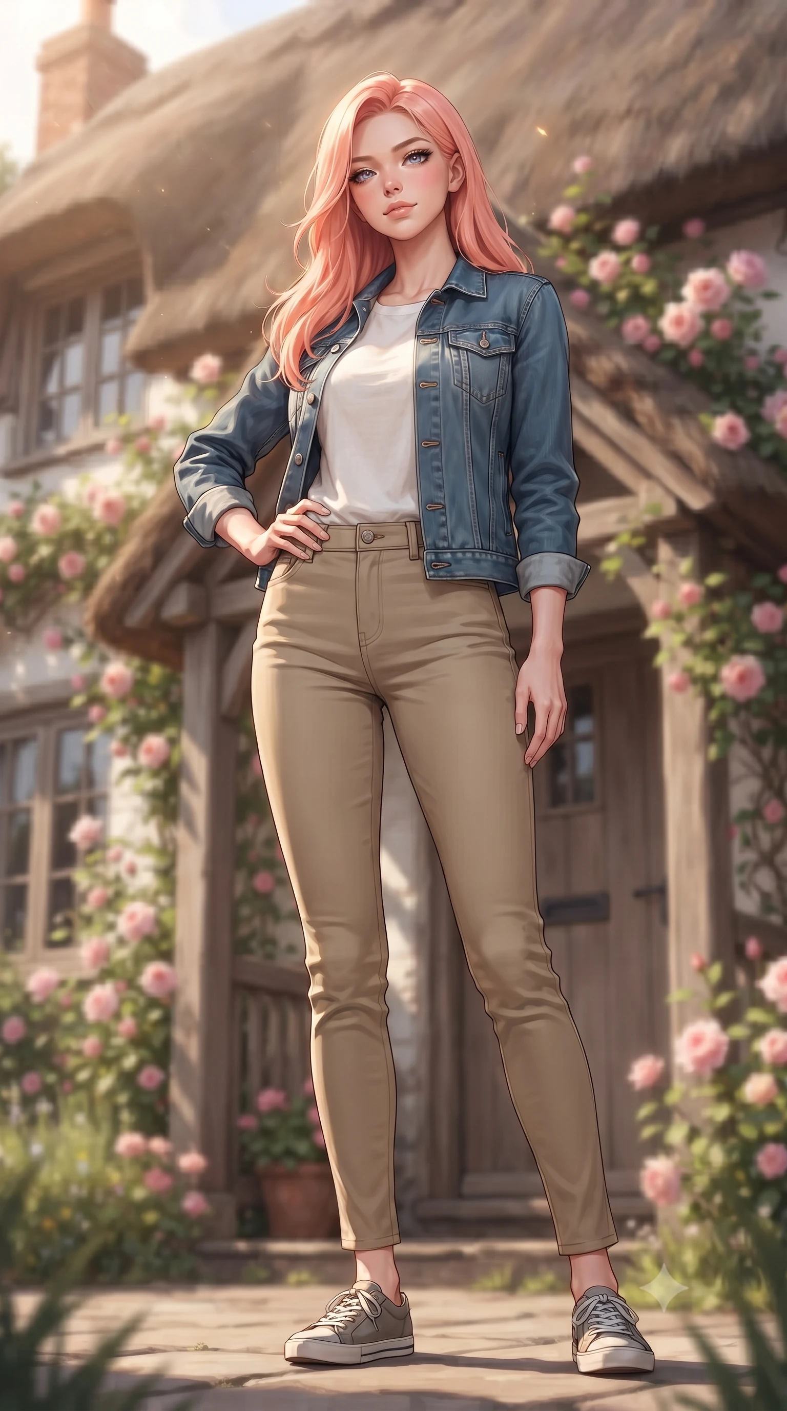 score_9, masterpiece, best quality, ultra-detailed, high-budget anime keyframe, editorial fashion photography, tasteful artistic composition, Japanese woman woman. low angle full-body shot from head to toe showing her feet, filling the entire 9:16 vertical frame with her statuesque presence, stretching her vertical silhouette. posing confidently with one hand on her hip, stretching her statuesque body to emphasize her curves the background shows a soft-focus the front porch of a charming thatched-roof cottage covered in climbing pink roses. She has an absolutely perfect, statuesque 8.5-heads proportion, an exceptionally tall and slender model-like female figure with impossibly long slender legs and an ultra-slim waist. sharp v-shaped jawline, high-bridge nose, intricate jewel-like eyes with depth, thick eyelashes, glossy lips with a natural sheen. wearing a slim-fit clean-cut denim jacket over a white linen tee and khaki trousers. warm morning sunbeams highlighting the rustic wooden door and flowers. ultra-reflective glossy finish, specular highlights, metallic sheen, high-contrast stereoscopic depth, volumetric dynamic lighting, 2k, ultra detail, master piece, 9:16 ratio