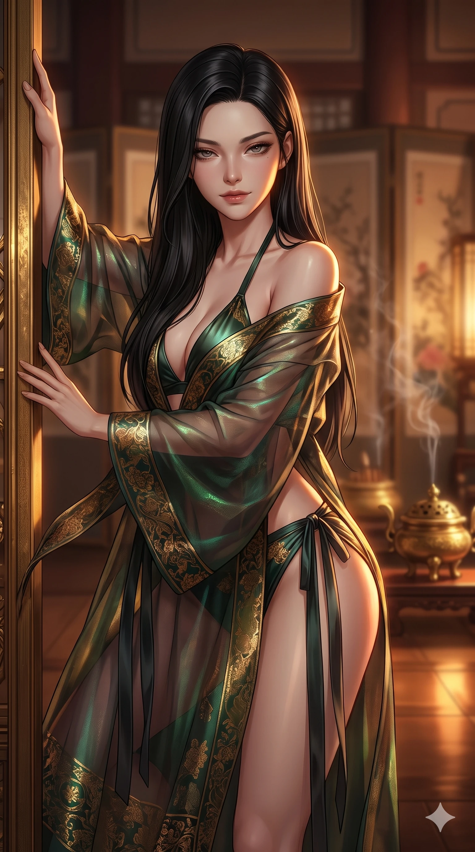 score_9, masterpiece, best quality, ultra-detailed, high-budget anime keyframe, editorial fashion photography, tasteful artistic composition, Korean woman. close-up cowboy shot from the waist and thighs up, the character dominates the composition, filling the frame with her large presence. leaning forward while arching her lower back to accentuate her curvy hips, looking into the camera with an intoxicating smoldering gaze and bedroom-eyes while leaning against the gilded wooden column with hips cocked back, looking through heavy-lidded bedroom-eyes with an intoxicating half-smile. The background shows a soft-focus private royal incense sanctum softened in mystical palace shallow focus. She has an exceptionally elegant, slender, and willowy female figure with an ultra-slim waist, flat toned midriff, narrow ribcage, and sculpted feminine hips creating an alluring, slim hourglass silhouette without bulk. sharp v-shaped jawline, high-bridge nose, sparkling eyes with hypnotic seductive depth, thick curled eyelashes, glossy parted lips with a natural dewy peach sheen, alluring bedroom-eyes with an enchanting coquettish smile, exuding magnetic siren charisma and sophisticated glamour, flawlessly proportioned anatomical accuracy, strict slender model proportions, natural body alignment, perfectly sculpted long slender limbs, ultra-slim waistline, clean dynamic posture without body distortion. wearing a translucent iridescent organza durumagi robe slipping off bare shoulders over a matching satin micro-bralette and wrap briefs in dark emerald forest and brushed antique gold, made of delicate semi-sheer nobang silk organza that drapes softly against skin with airy translucence, finished with long silk ribbon ties fluttering down her bare spine from a backless halter, the bespoke structured tailoring following the natural line of her 8.5-heads silhouette with refined elegance. illuminated by polished floor bounce and sharp amber-bronze rim lights defining her razor-sharp jawline, narrow waist, and curvy hips. ultra-reflective glossy finish, specular highlights, rich textural contrasts, high-contrast stereoscopic depth, volumetric dynamic lighting, 2k, ultra detail, master piece, 9:16 ratio