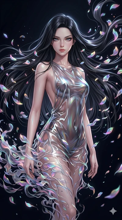 score_9, masterpiece, best quality, ultra-detailed, High-budget Anime Keyframe, East Asian woman. Low angle cowboy shot filling the entire 9:16 frame with her statuesque presence. Scenario 11: Dissolving into a cloud of iridescent silk petals in a vo