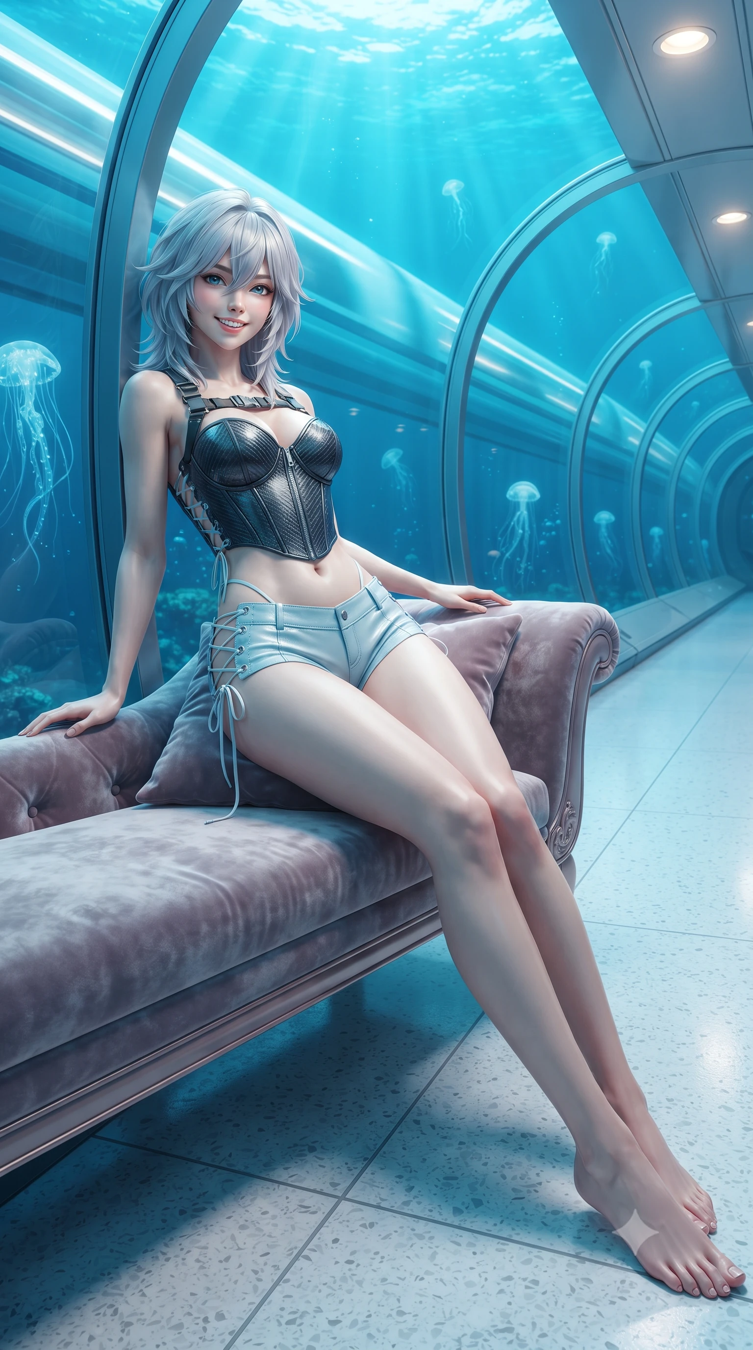 score_9, masterpiece, best quality, ultra-detailed, high-budget anime keyframe, editorial fashion photography, tasteful artistic composition, Japanese woman. low angle full-body shot from head to toe showing her feet, filling the entire 9:16 vertical frame with her statuesque presence, stretching her vertical silhouette. reclining gracefully across the plush chaise lounge with one leg extended, her sculpted silhouette and flat midriff radiating magnetic nocturnal glamour while leaning against the frameless glass partition with hips cocked back, watching high-speed aquatic trains glide through transparent tubes with smoldering bedroom-eyes. The surrounding environment is rendered in vivid detail and crisp panoramic clarity: sharp seamless curved glass tube joints, pristine white terrazzo platform tiles, and electric jellyfish tentacles in deep focus. She has an exceptionally tall and slender model-like 8.5-heads proportion, an ultra-slim waist, a flat toned midriff, narrow delicate ribcage, and beautifully sculpted feminine hips creating a graceful, slim hourglass silhouette without any bulky heaviness, with impossibly long slender legs. sharp v-shaped jawline, high-bridge nose, intricate jewel-like sparkling eyes with depth, thick eyelashes, glossy parted lips with a natural peach sheen, bright cheerful beaming smile with an enchanting and coquettish sensual glint, exuding both youthful cute charm and seductive allure, flawlessly proportioned anatomical accuracy, strict slender model proportions, natural body alignment, perfectly sculpted long slender limbs, ultra-slim waistline, clean dynamic posture without body distortion. wearing a sculpted carbon-fiber underwire crop corset with tactical buckle straps paired with low-rise micro shorts in arctic cryo-glacier ice blue and platinum white, woven from buttery-soft stretch lambskin leather adhering to her body like a second skin, featuring fine criss-cross lace-up side ties revealing tantalizing glimpses of her hip curve, the precision-cut side openings and low-back scoop framing her graceful spine and the sensual sweep of her slim, toned hips. bathed in brilliant underwater cyan caustic ribbons combined with warm 2800K platform recessed downlights. ultra-reflective glossy finish, specular highlights, rich textural contrasts, high-contrast stereoscopic depth, volumetric dynamic lighting, 2k, ultra detail, master piece, 9:16 ratio
