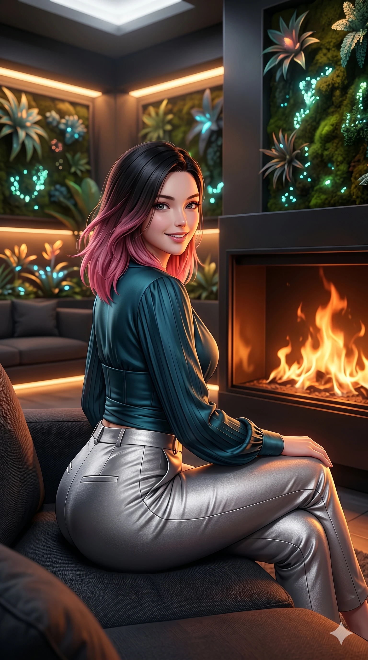 score_9, masterpiece, best quality, ultra-detailed, high-budget anime keyframe, semi-realistic 3D game render, Korean woman. Upper body close-up from the thighs up, character filling the screen for maximum presence. Inside a biotech garden lounge, next to a digital fireplace, sitting on a modern sofa, looking back with a warm, welcoming smile. She is wearing a luxurious silk-like wrap top, structured bodice, and silver trousers. The scene is bathed in the warm orange glow of the digital fire and soft amber lights. 2k, ultra detail, master piece, 9:16 ratio