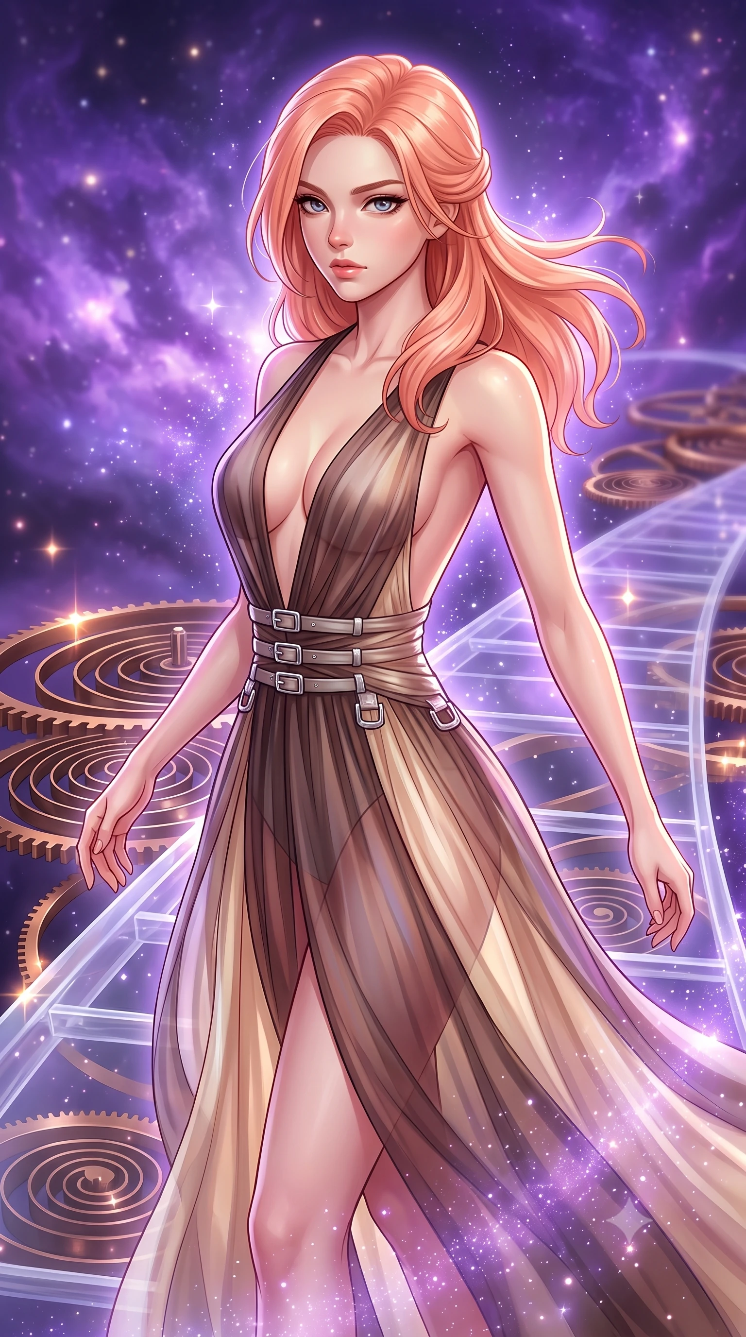 score_9, masterpiece, best quality, ultra-detailed, high-budget anime keyframe, editorial fashion photography, tasteful artistic composition, Japanese woman. close-up cowboy shot from the waist and thighs up, the character dominates the composition, filling the frame with her large presence, background elements kept in soft focus. Gazing past the lens with composed intensity as her torso curves dynamically in mid-motion while balancing on a translucent clock springs bridge under a swirling violet nebula sky, intricate bronze clockwork springs reflecting warm starlight specular highlights. She has an exceptionally elegant, slender, and willowy female figure with an ultra-slim waist, a gracefully sculpted slender torso, and a refined silhouette. sharp v-shaped jawline, high-bridge nose, intricate jewel-like eyes with depth, thick eyelashes, glossy lips with a natural sheen, flawlessly proportioned anatomical accuracy, natural body alignment, perfectly sculpted elegant limbs, clean dynamic posture without body distortion. wearing a translucent iridescent chiffon gown with a plunging neckline and open back in espresso brown and warm cream, woven from fine semi-opaque sheer organza, detailed with polished silver buckles along the waistline, the glove-like fit emphasizing her statuesque silhouette during motion. surrounded by a glowing aura of starlight and shimmering violet cosmic fill. highly saturated vibrant anime colors, detailed shading with soft gradients, rich glossy textures, high-contrast stereoscopic depth, volumetric dynamic lighting, master piece, 9:16 ratio